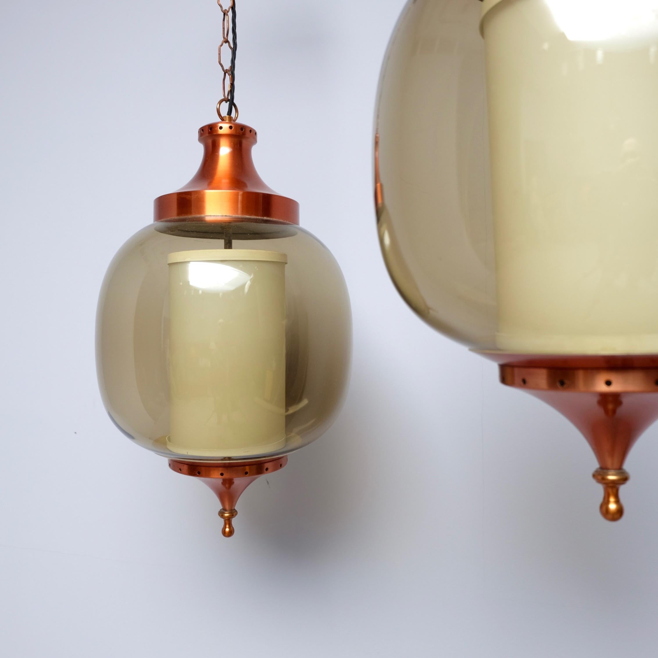 Mid-Century Modern Pair of 1960s 'Lumiere' Pendant' Hanging Lantern Copper & Smoked Glass Lights