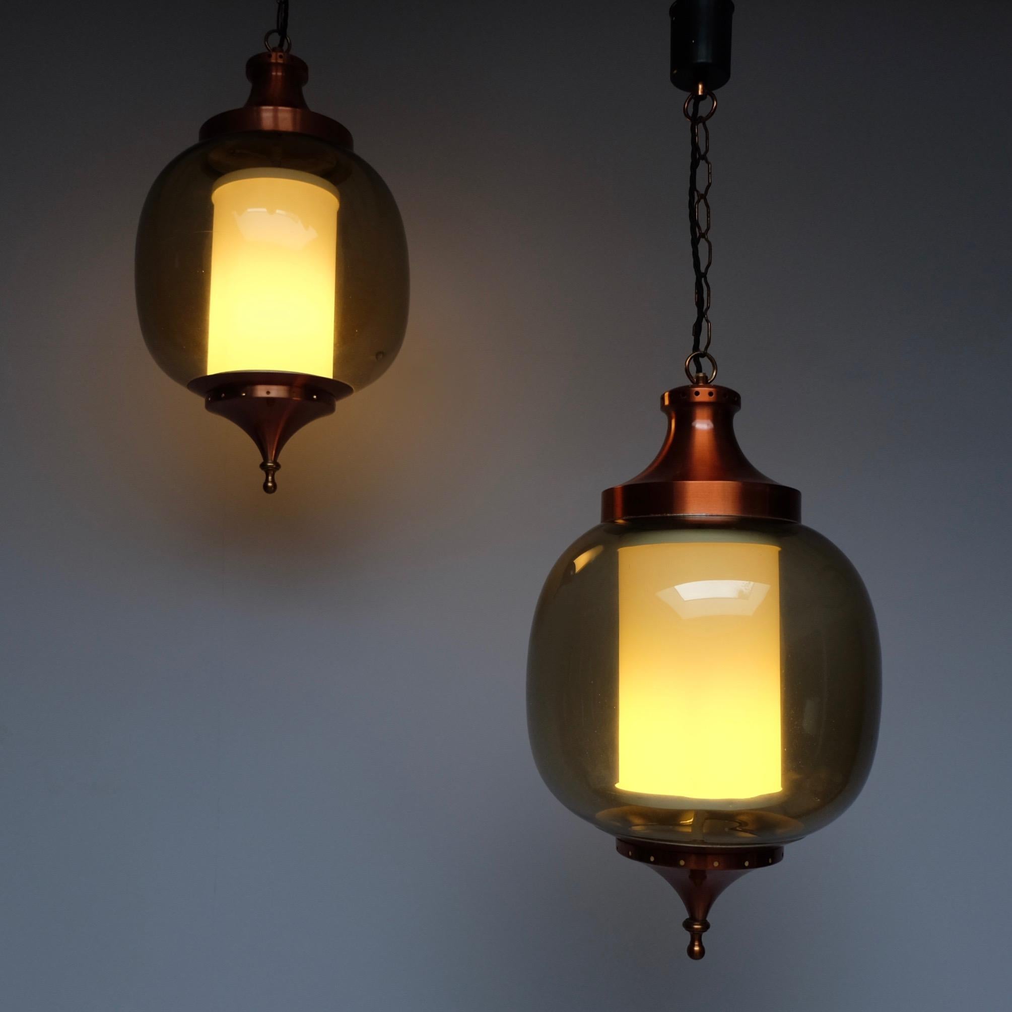 French Pair of 1960s 'Lumiere' Pendant' Hanging Lantern Copper & Smoked Glass Lights