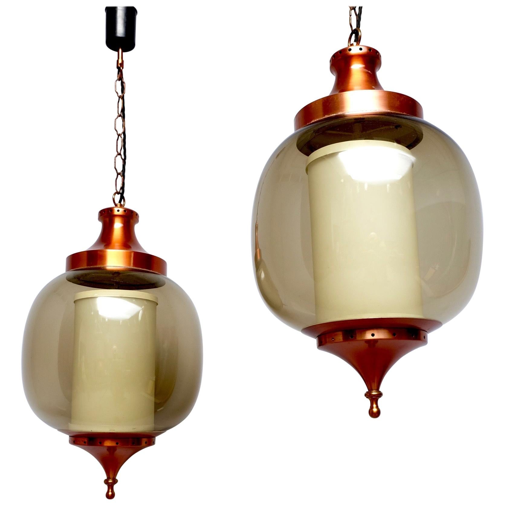 Pair of 1960s 'Lumiere' Pendant' Hanging Lantern Copper & Smoked Glass Lights