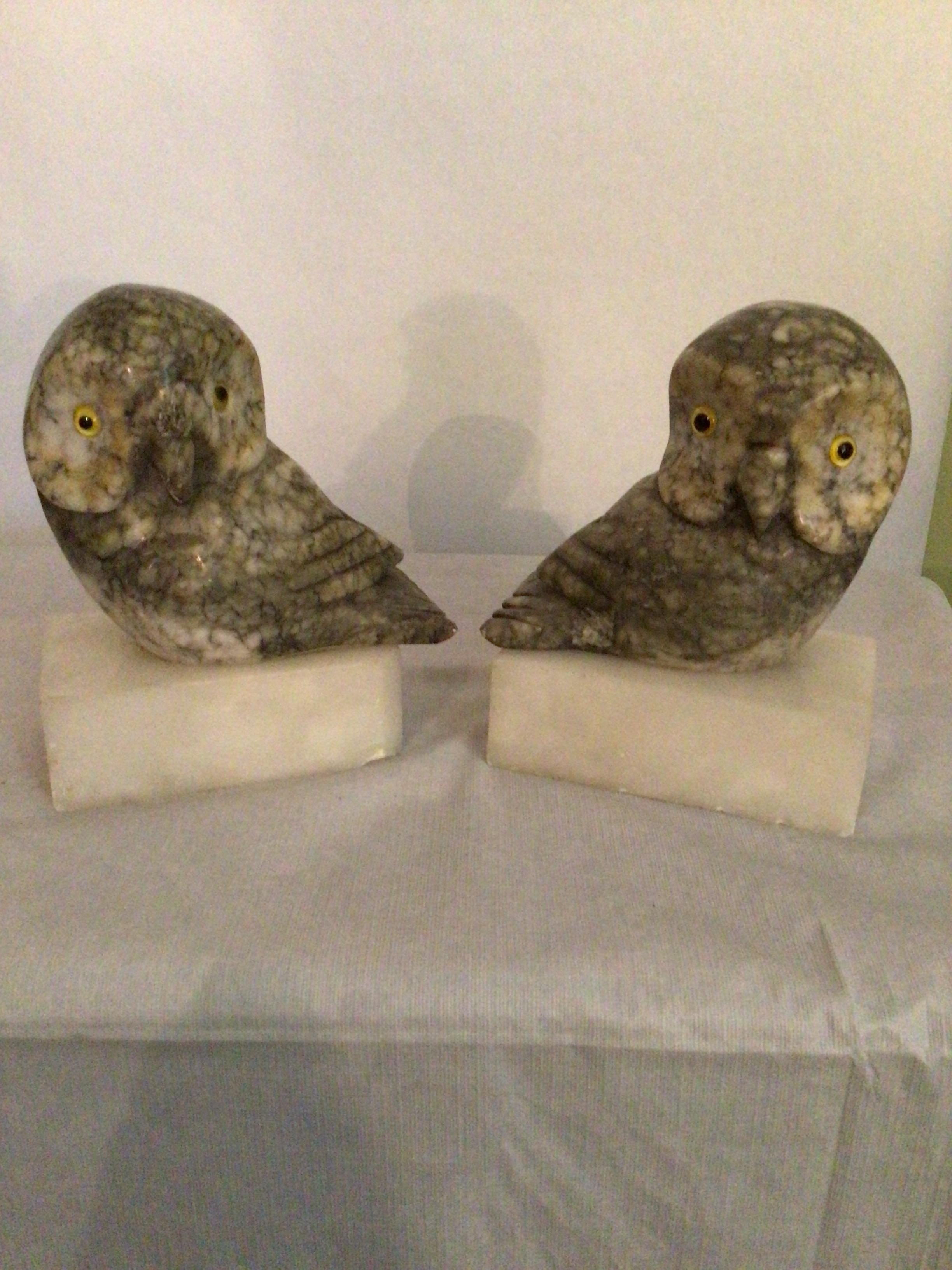 Carved Pair of 1960s Marble Owl Bookends