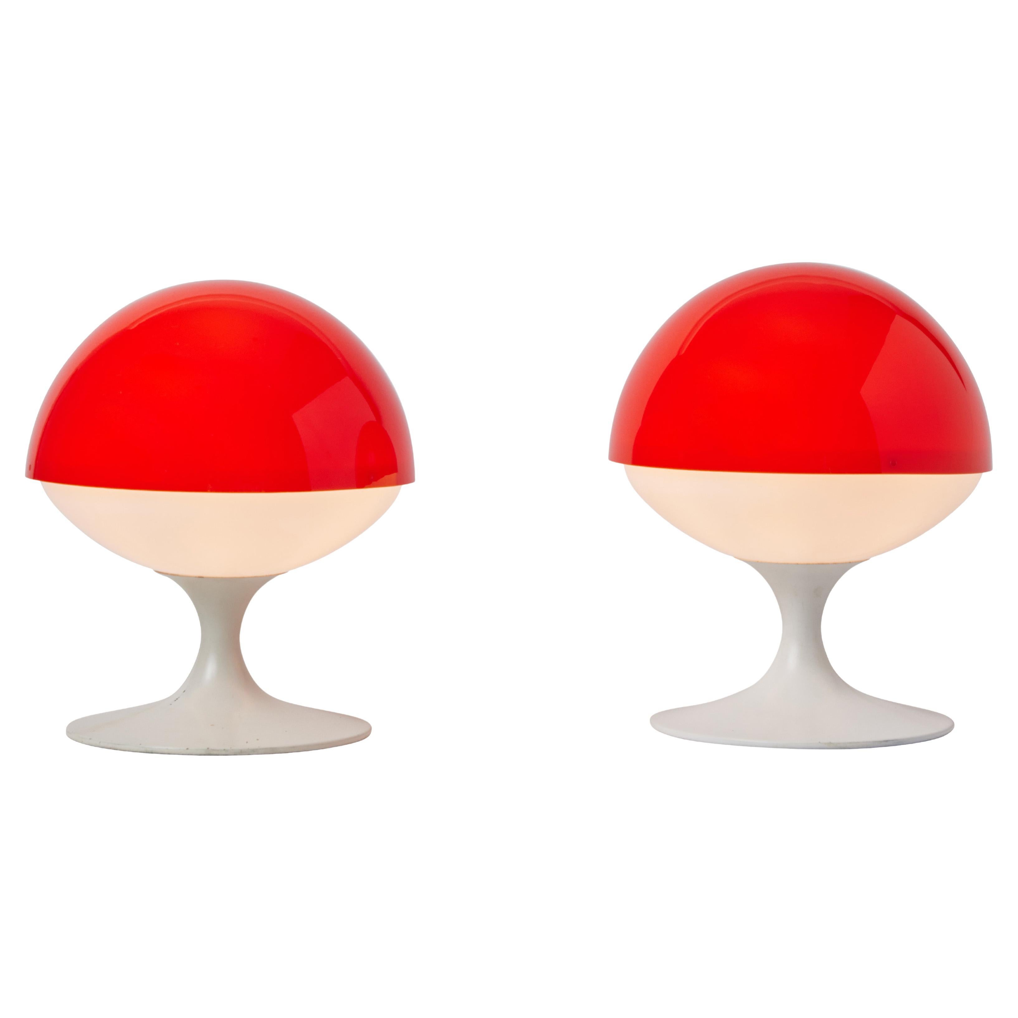 Pair of 1960s Max Bill Red & White Table Lamps for Temde Leuchten, Switzerland For Sale
