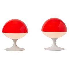 Pair of 1960s Max Bill Red & White Table Lamps for Temde Leuchten, Switzerland