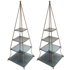 Pair of 1960s Metal Pyramid Étagères with Four Smoked Glass Shelves