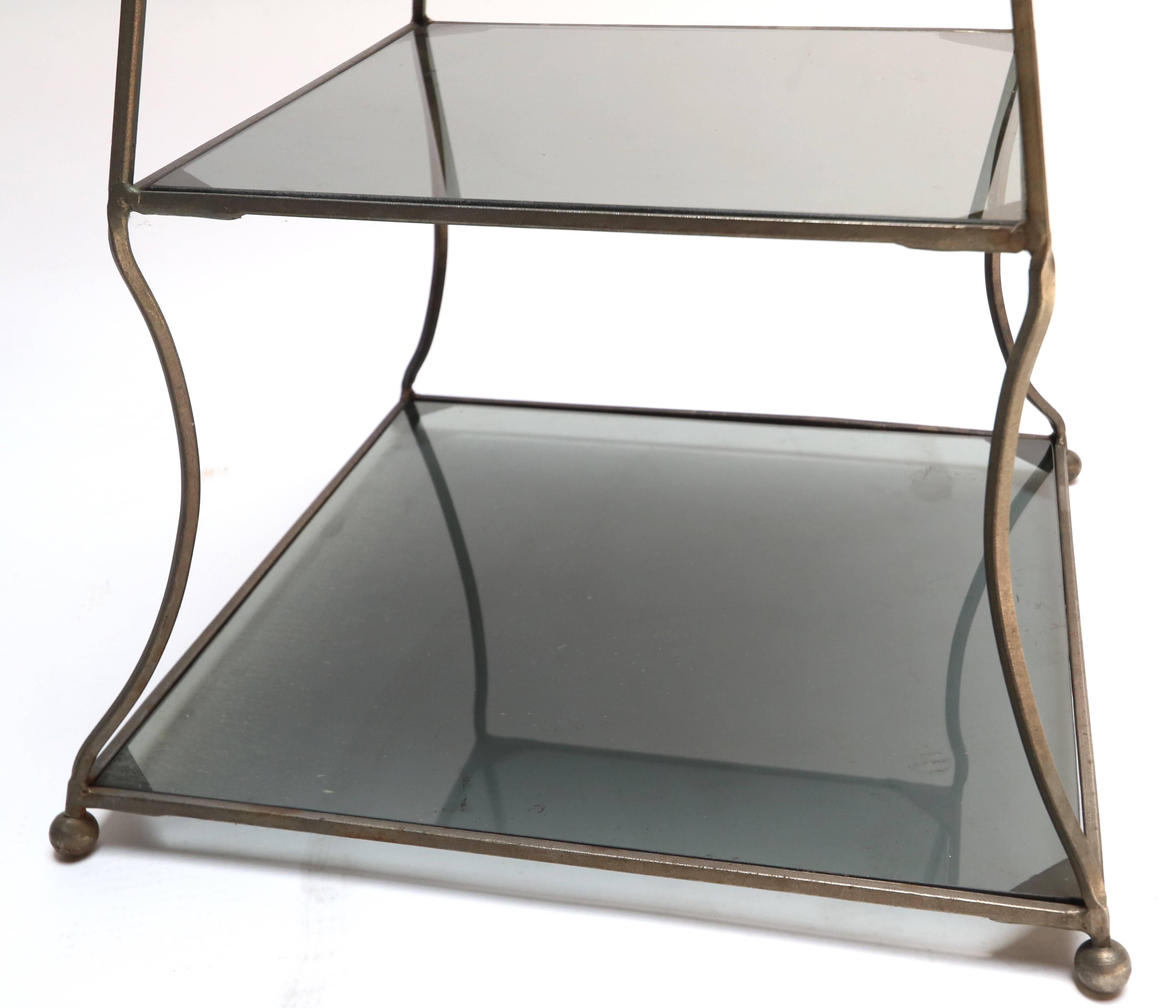 Argentine Pair of 1960s Metal Pyramid Étagères with Four Smoked Glass Shelves