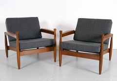 Pair of 1960s Mid Century Modern Afrormosia Teak Grey Lounge Chairs