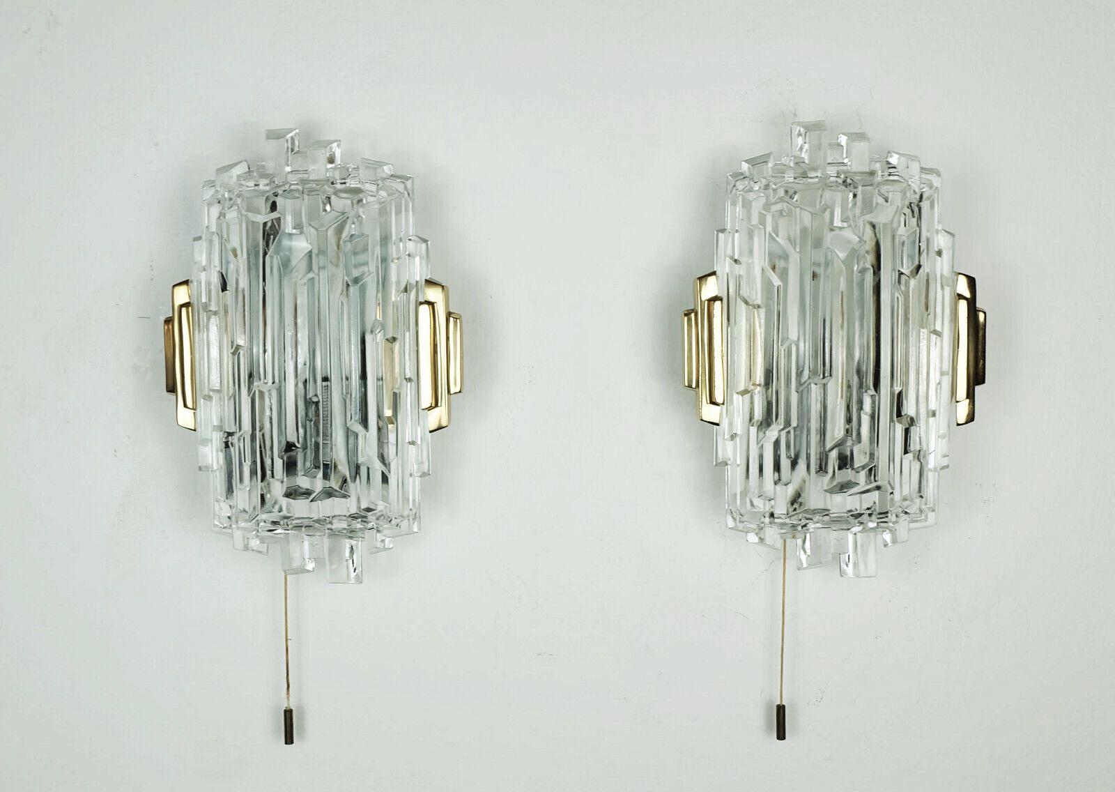 Mid-Century Modern pair of 1960s mid century WALL LAMPS ice glass brass metal For Sale