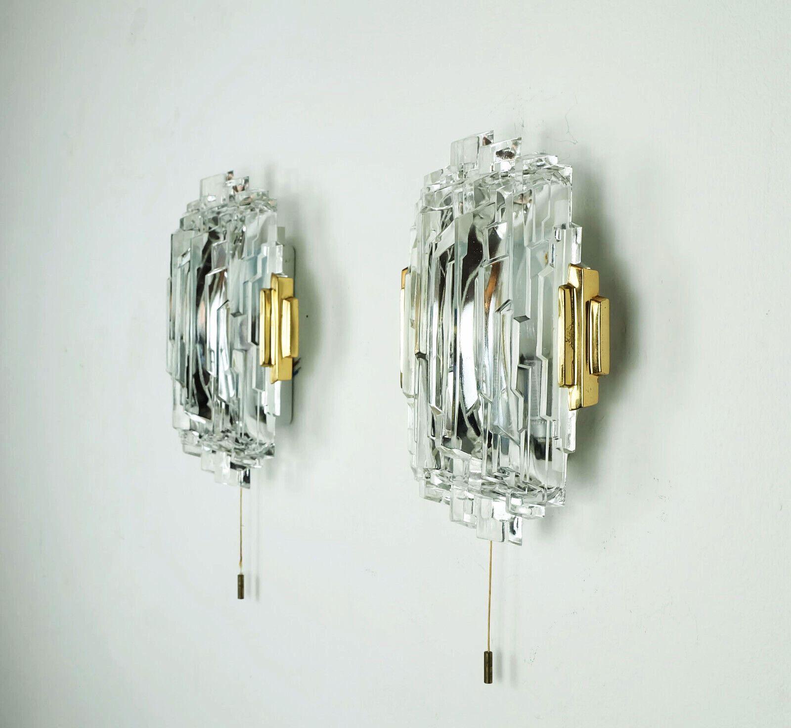German pair of 1960s mid century WALL LAMPS ice glass brass metal For Sale