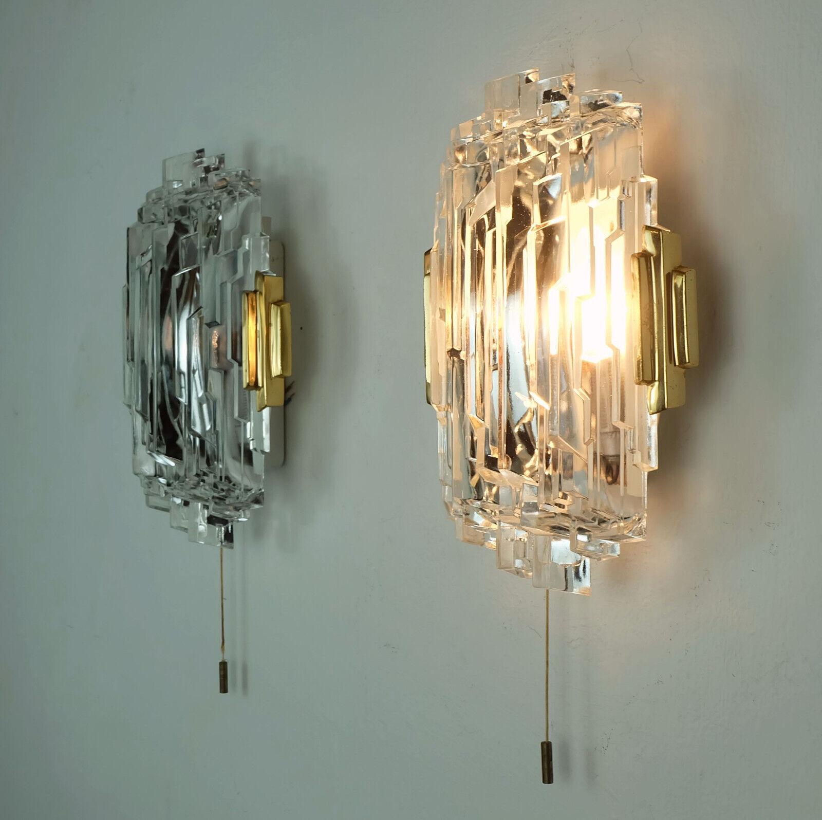 pair of 1960s mid century WALL LAMPS ice glass brass metal For Sale 2