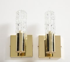Pair of 1960's Minimalist Brass and Faceted Crystal Wall Sconces by Doria.