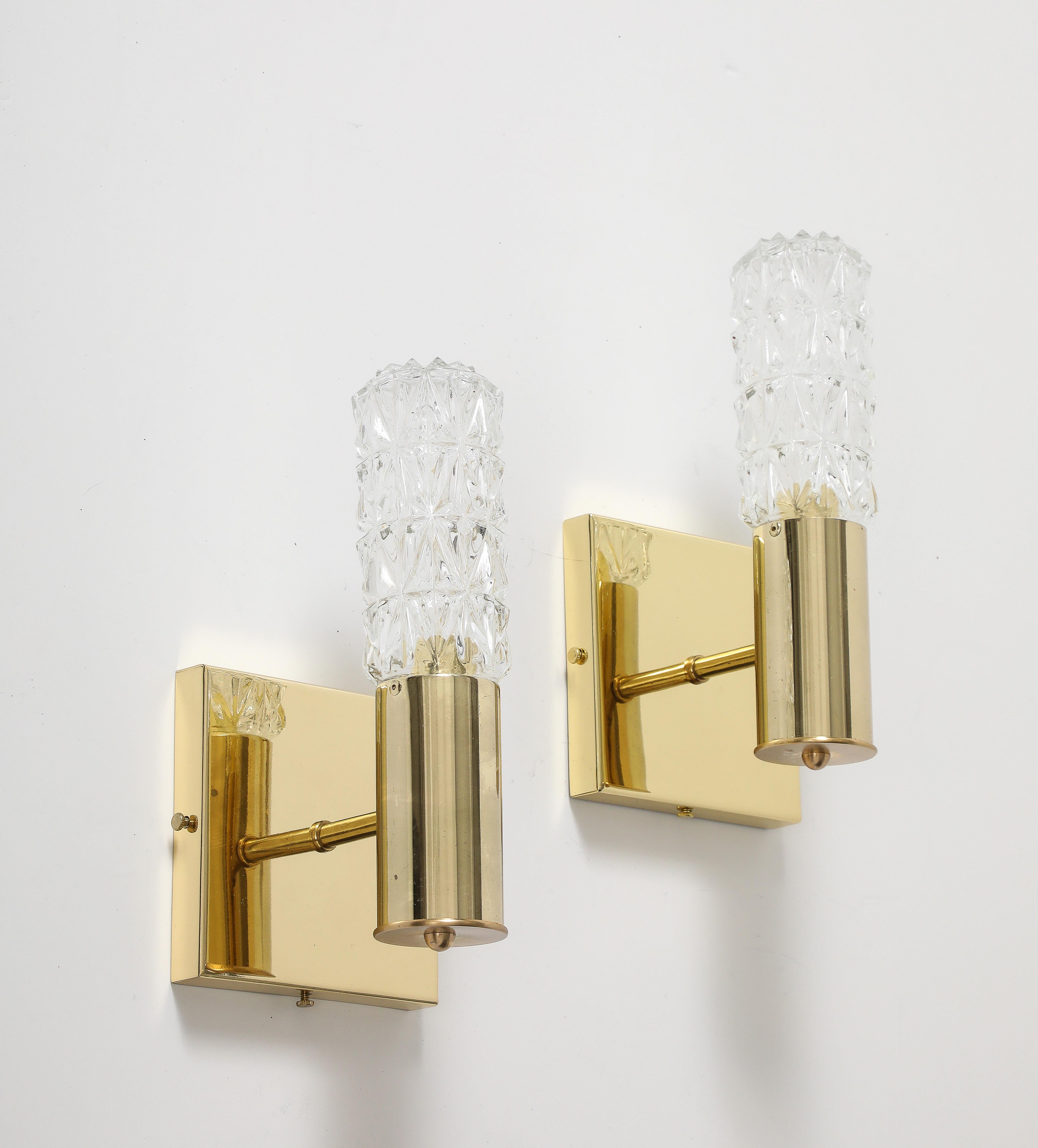 German Pair of 1960's Minimalist Brass and Faceted Crystal Wall Sconces by Doria. For Sale