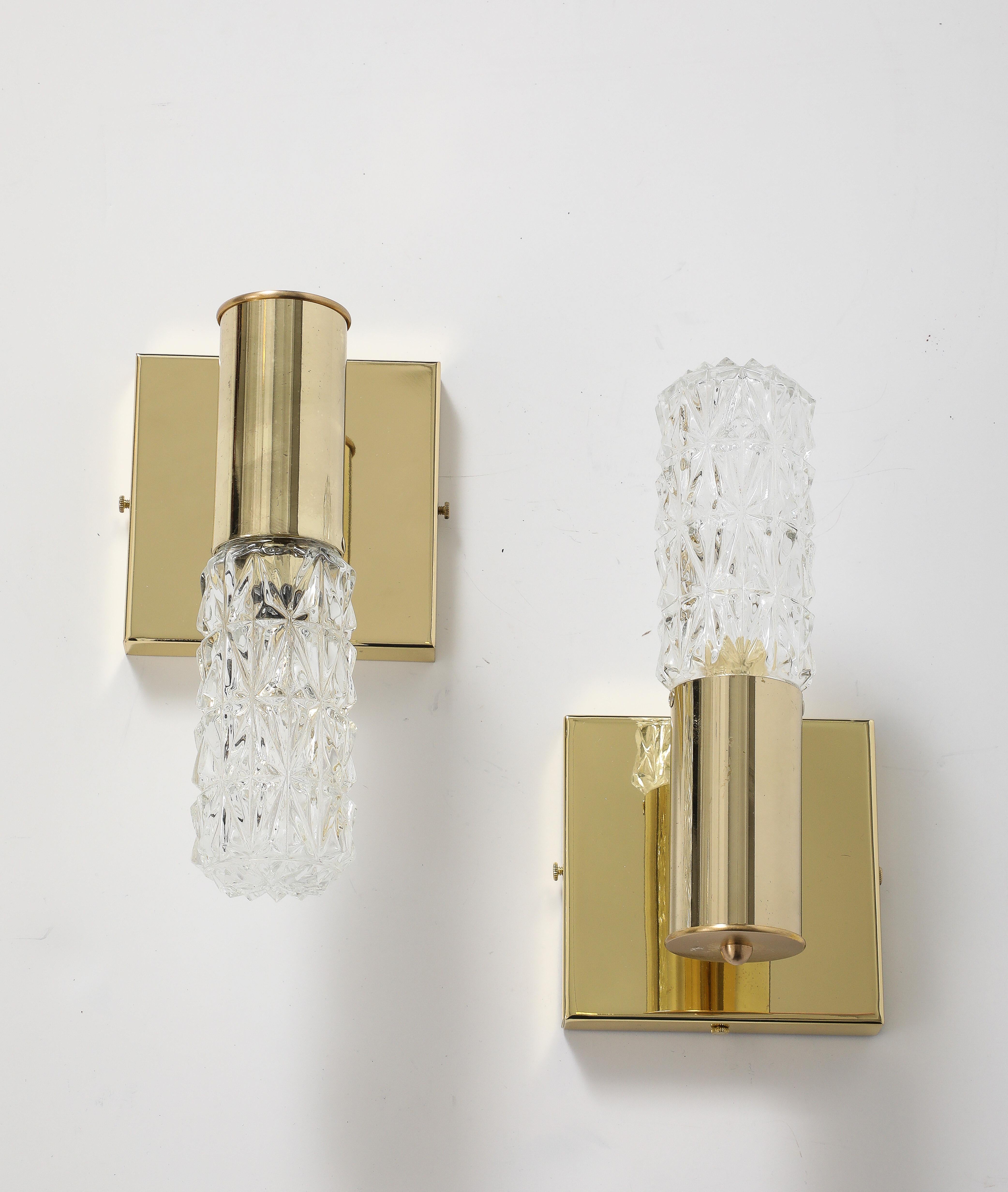 Pair of 1960's Minimalist Brass and Faceted Crystal Wall Sconces by Doria. For Sale 1