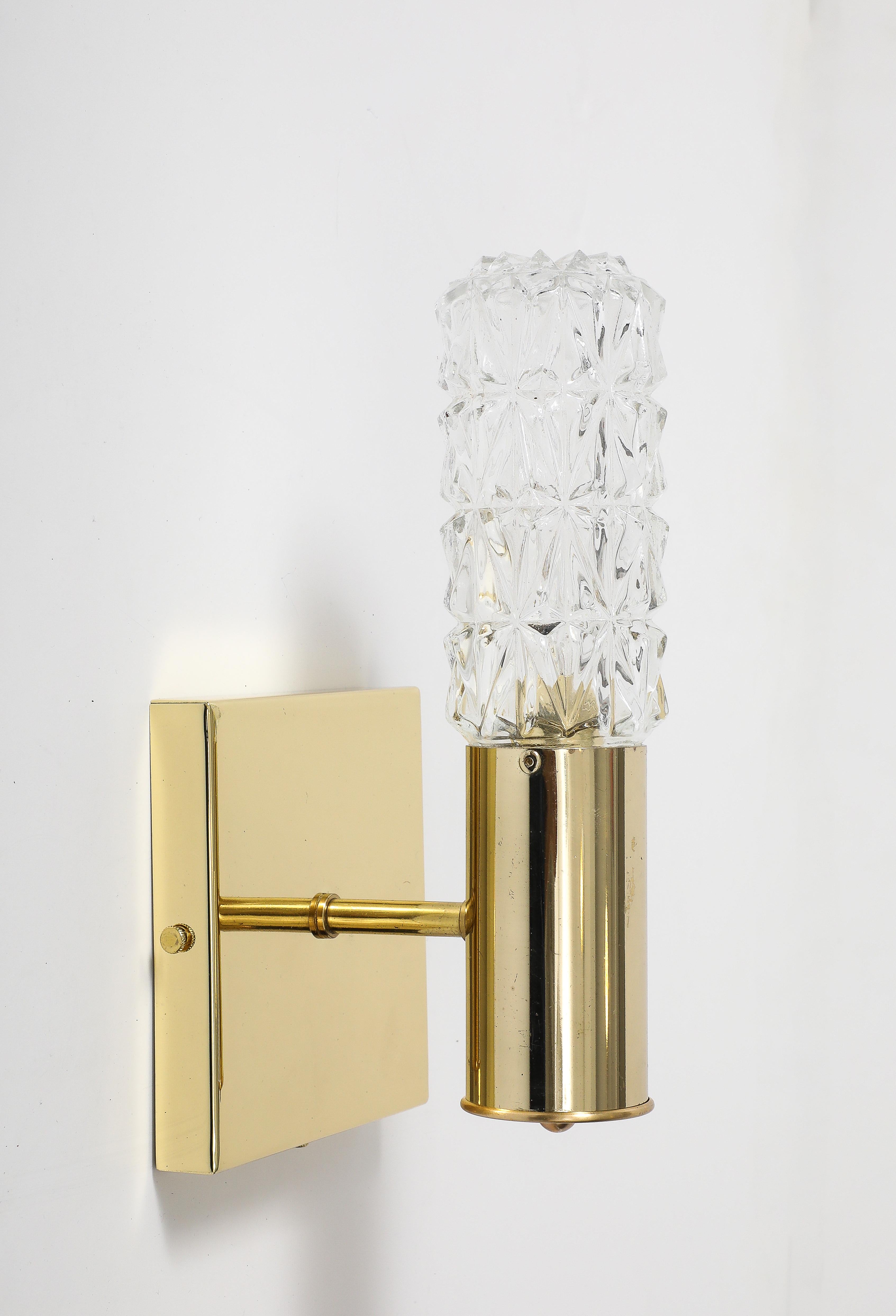 Pair of 1960's Minimalist Brass and Faceted Crystal Wall Sconces by Doria. For Sale 2