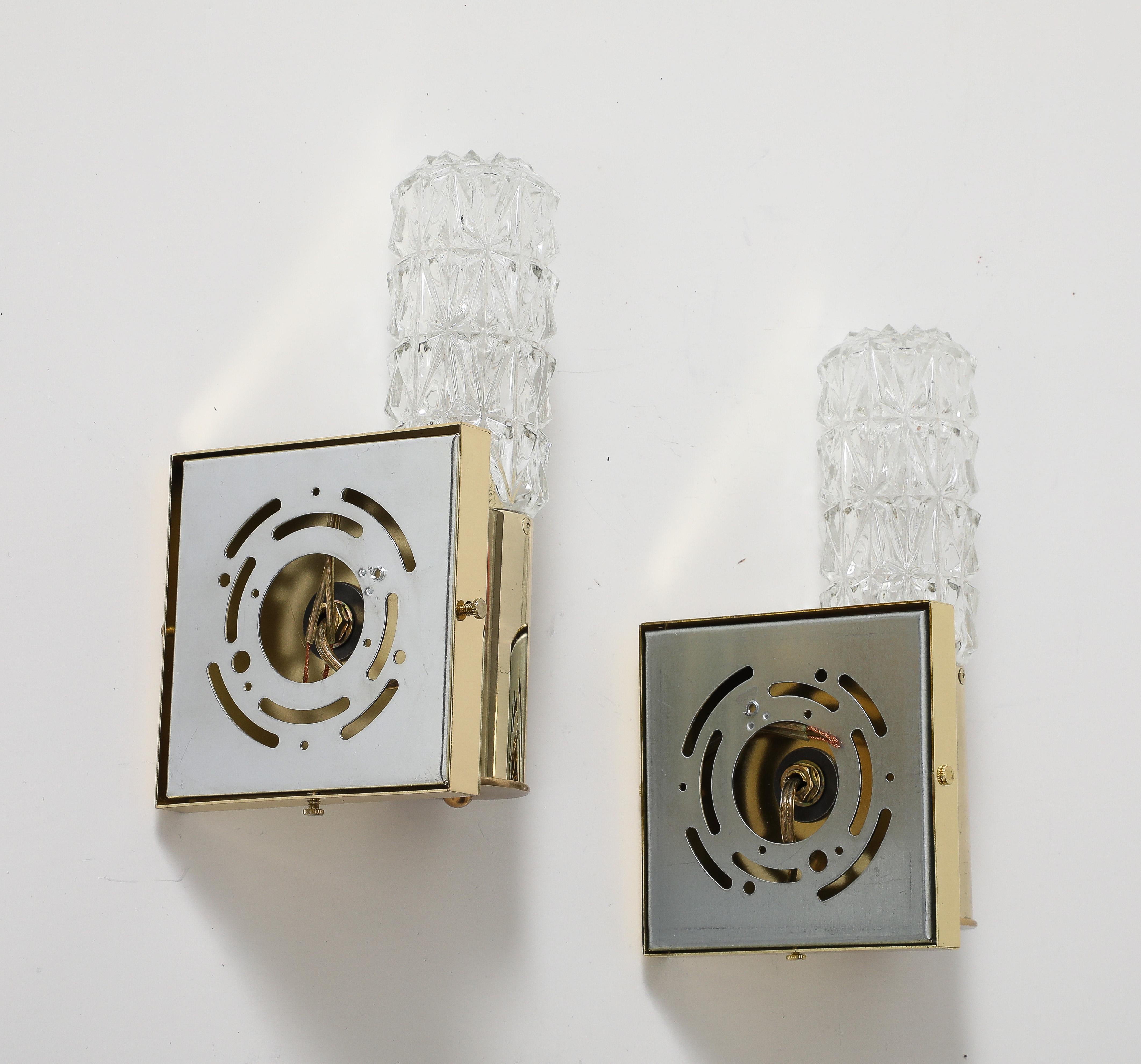 Pair of 1960's Minimalist Brass and Faceted Crystal Wall Sconces by Doria. For Sale 3