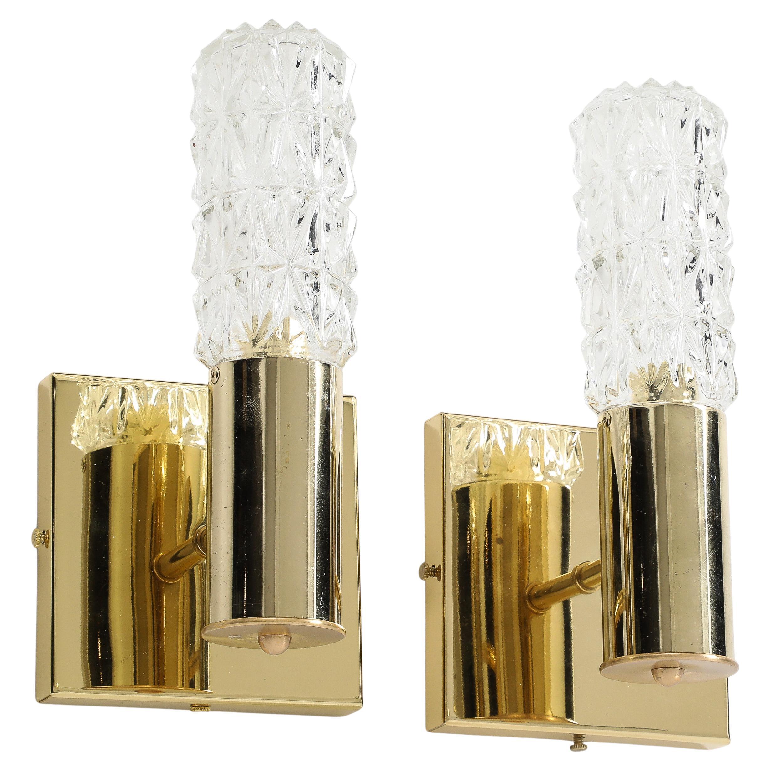 Pair of 1960's Minimalist Brass and Faceted Crystal Wall Sconces by Doria. For Sale