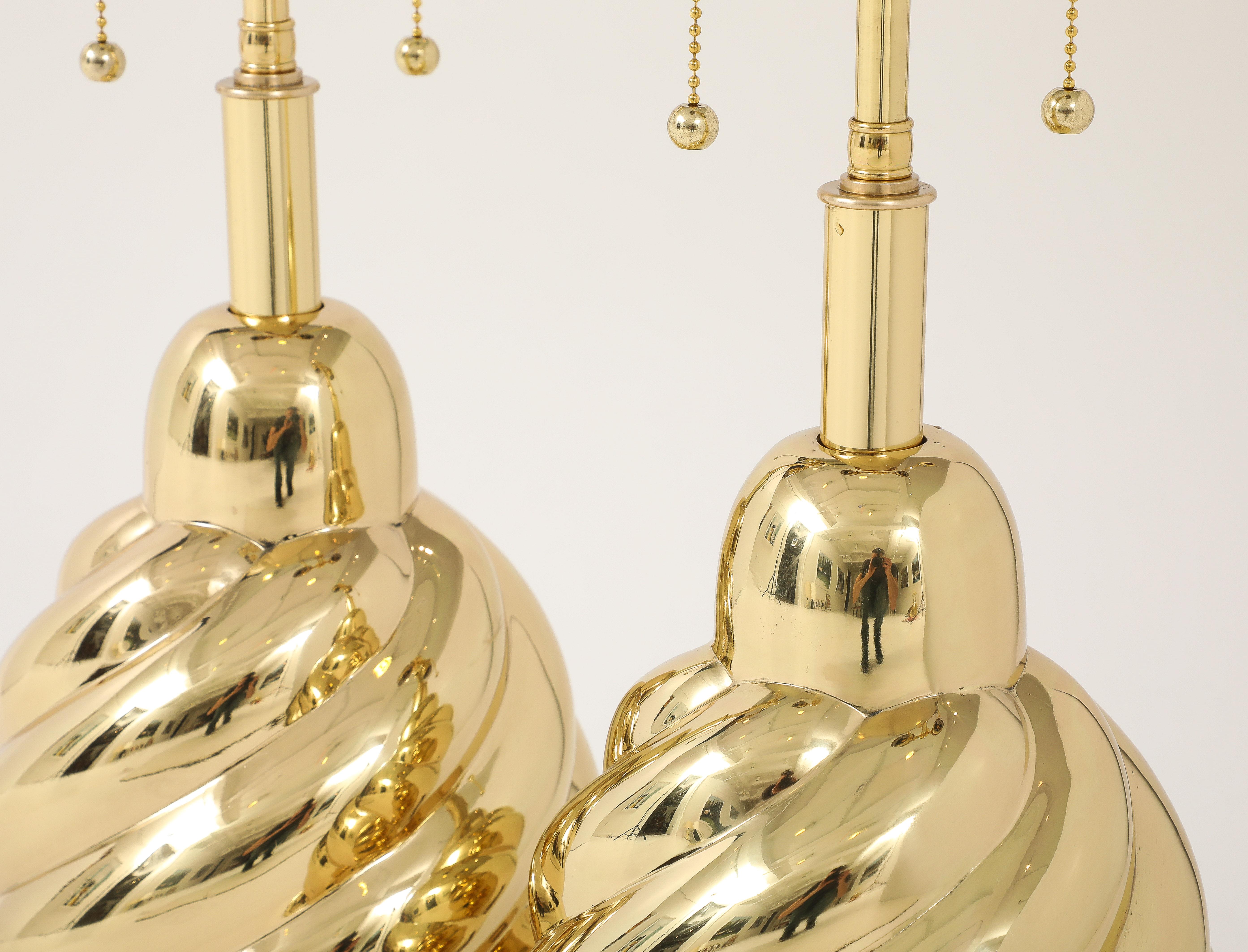Mid-Century Modern Pair of 1960's Mirror Polished Brass Swirl Lamps by Westwood Industries. For Sale