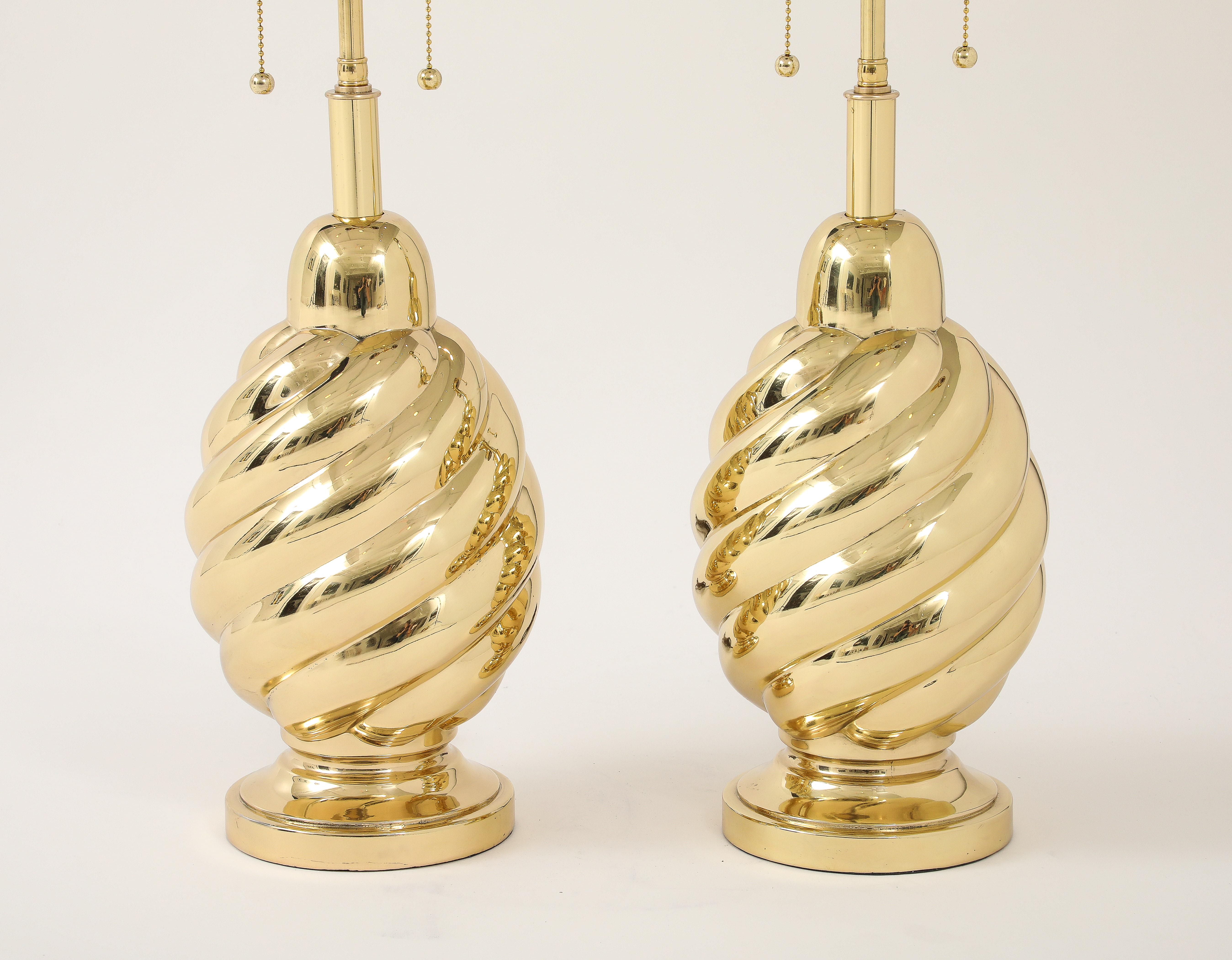 American Pair of 1960's Mirror Polished Brass Swirl Lamps by Westwood Industries. For Sale