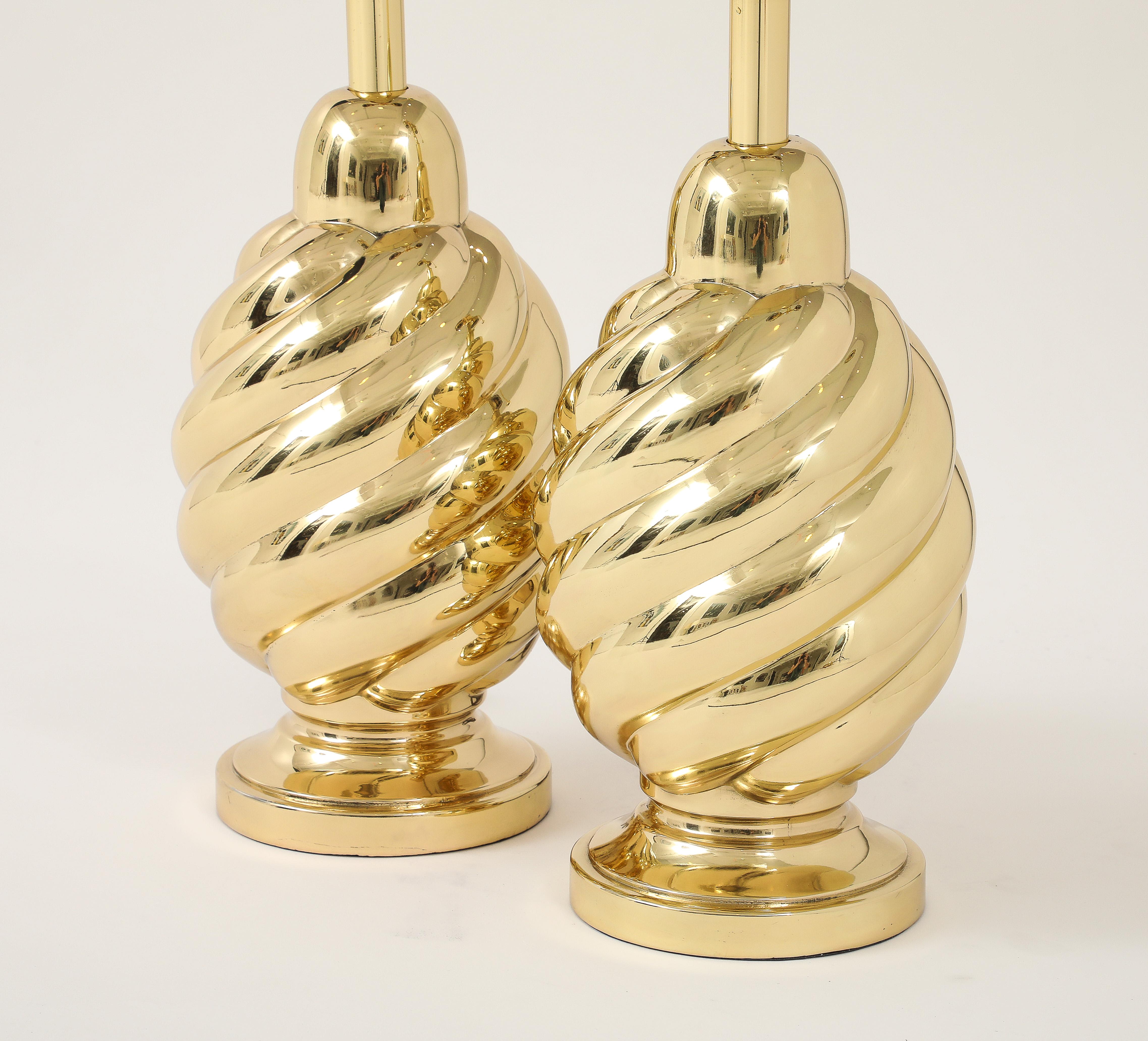 Pair of 1960's Mirror Polished Brass Swirl Lamps by Westwood Industries. In Excellent Condition For Sale In New York, NY