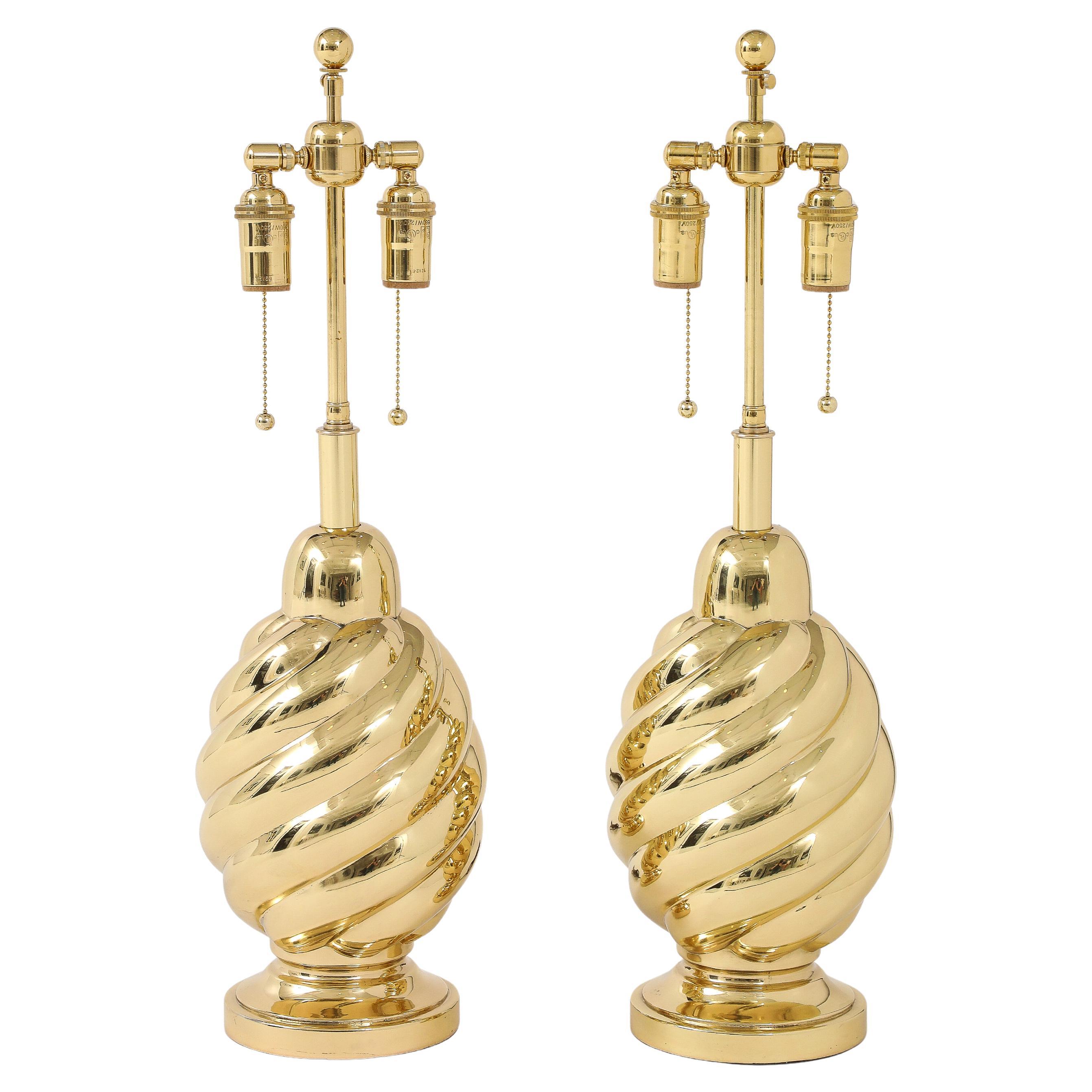 Pair of 1960's Mirror Polished Brass Swirl Lamps by Westwood Industries. For Sale