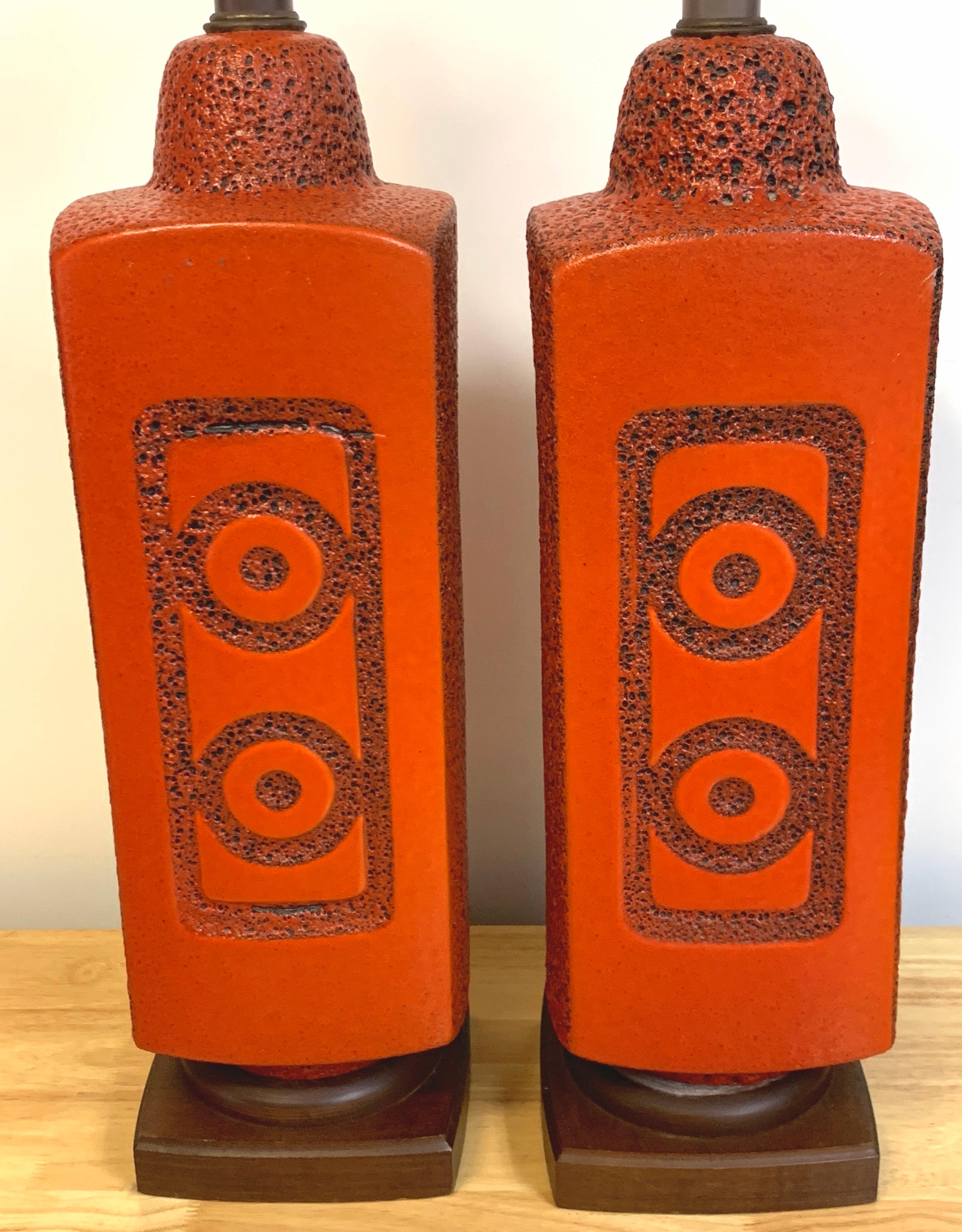 Mid-Century Modern Pair of 1960s Mod Lava Glazed Orange Lamps