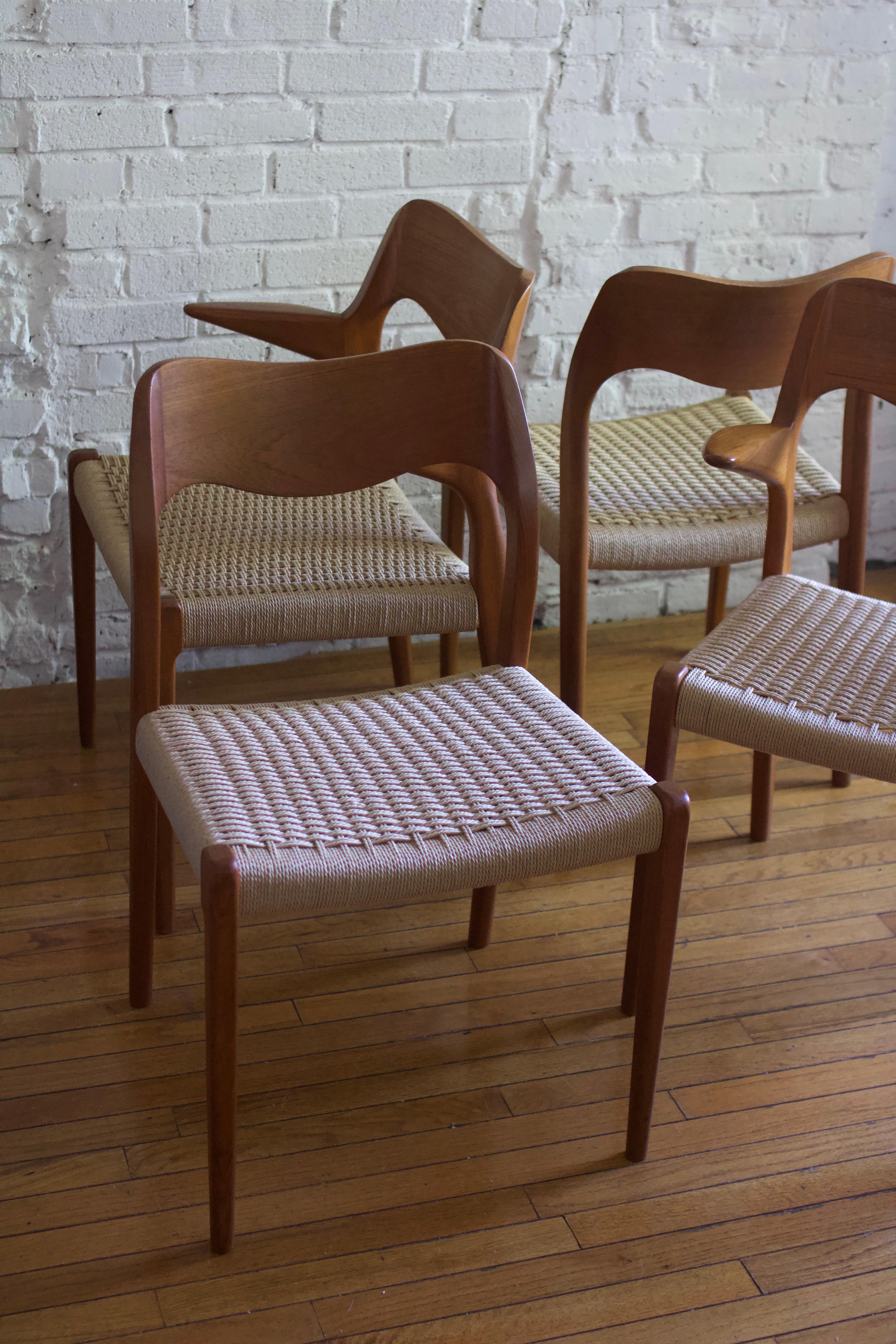 Mid-Century Modern Pair of Niels Moller Model 71 Teak & Danish Cord Dining Chairs, 1960's  For Sale