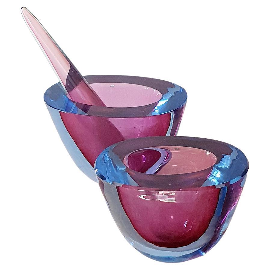 Pair of 1960s Italian Pink Murano Glass Flavio Poli Bowls with Glass Pestle