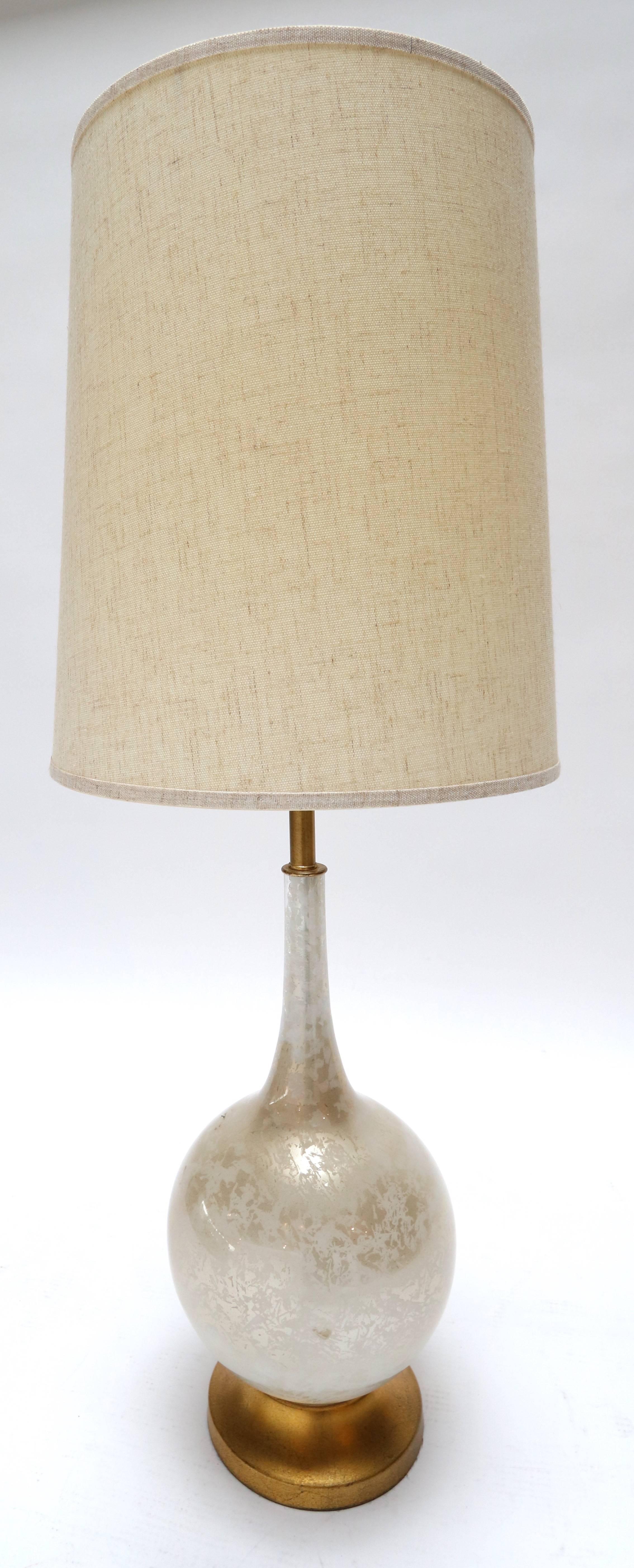Pair of 1960s Murano white glass table lamps with brass base and beige linen shade.