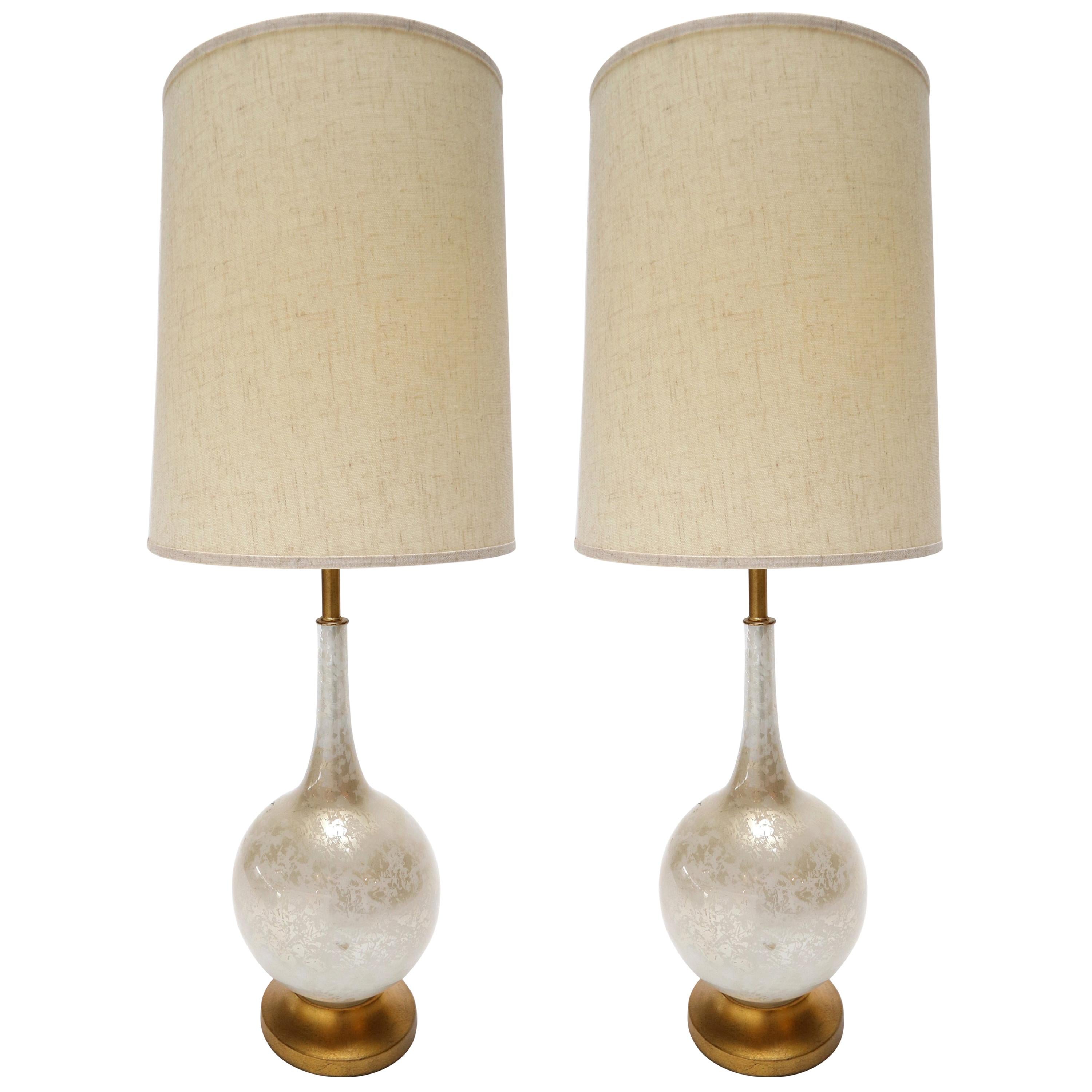 Pair of 1960s Murano White Glass Table Lamps with Brass Base