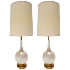 Pair of 1960s Murano White Glass Table Lamps with Brass Base