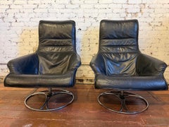 Pair of 1960s Norwegian High-Back Black Leather Swivel Lounge Chairs