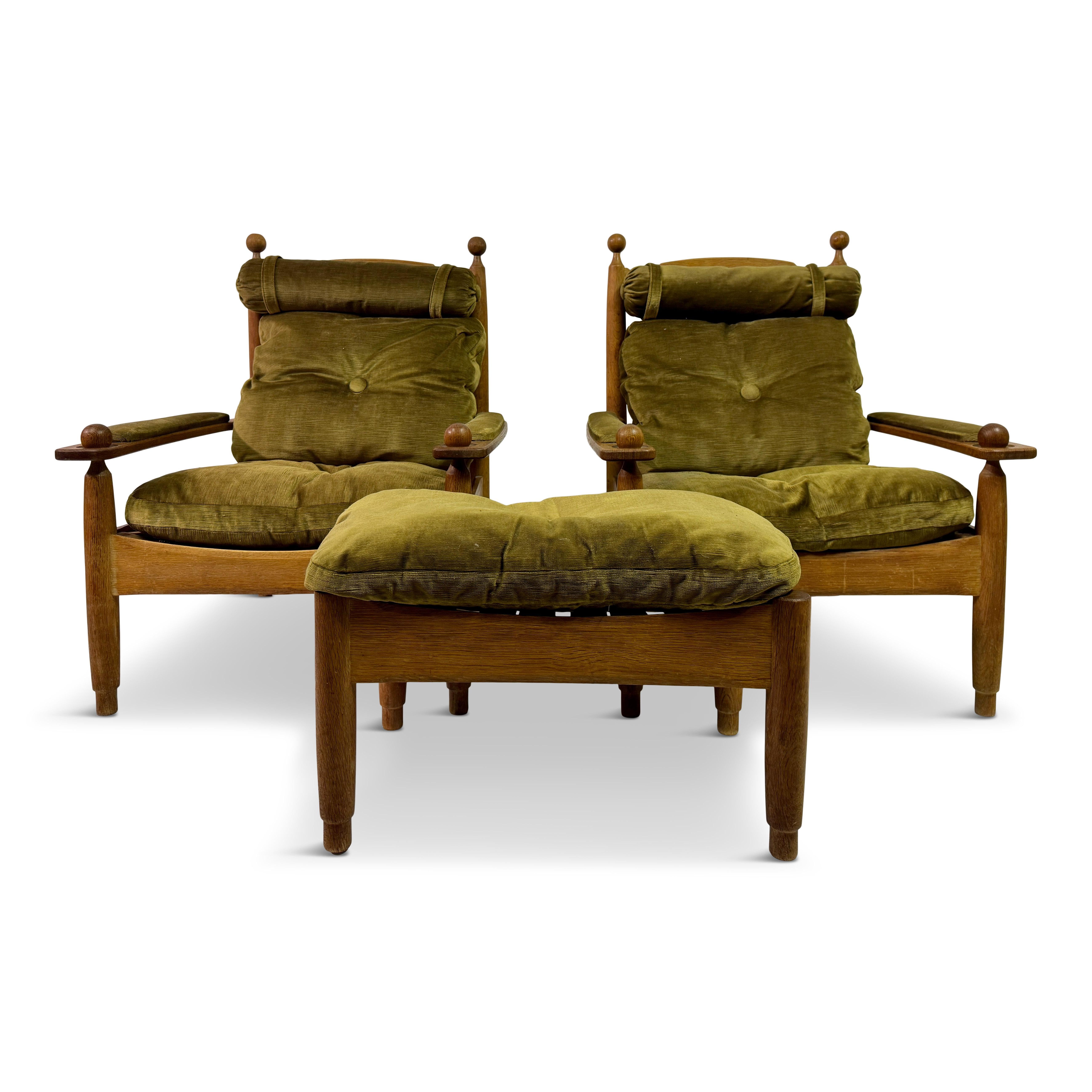 Pair of 1960s Oak Armchairs and Stool 13