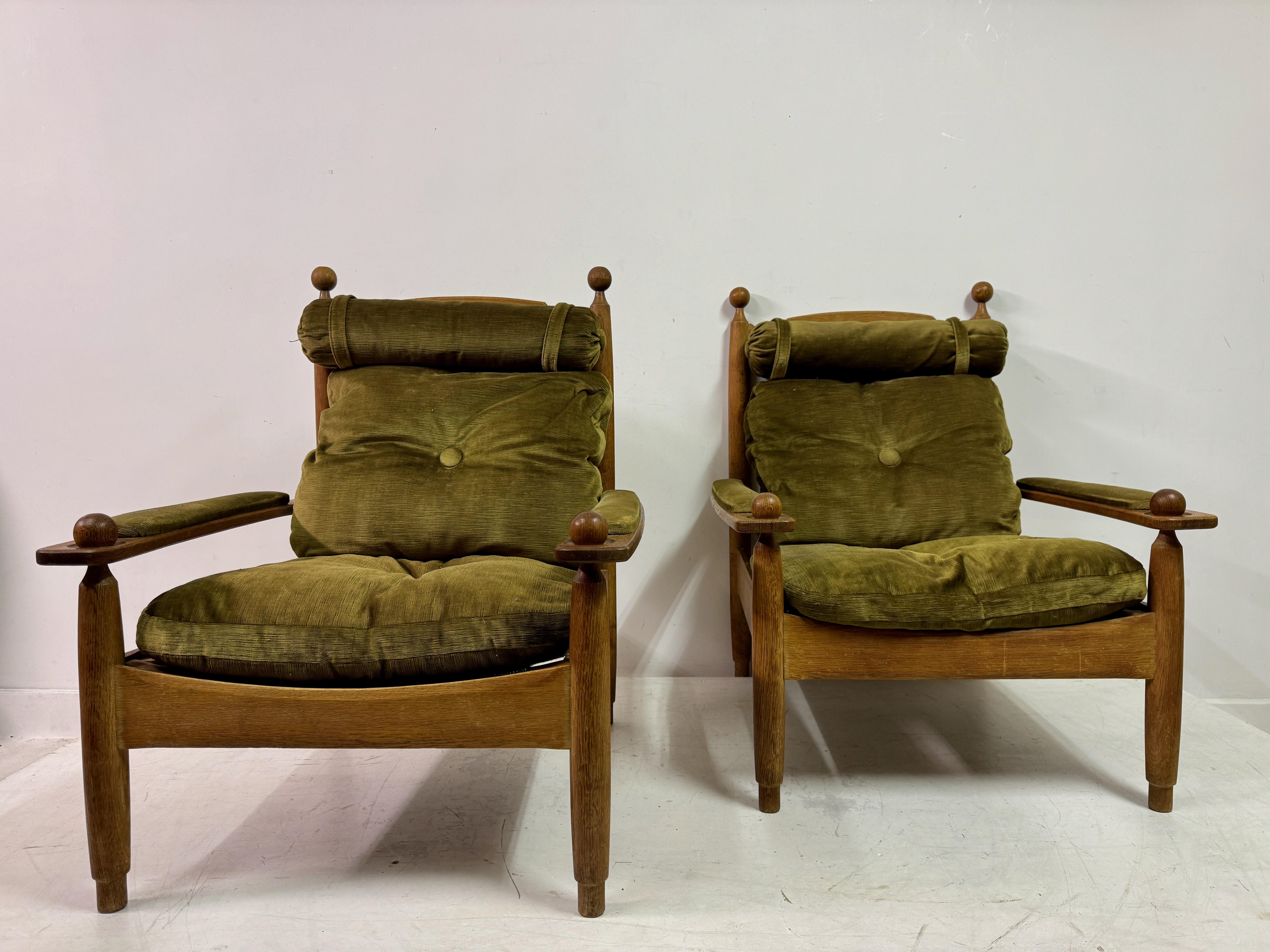 Mid-Century Modern Pair of 1960s Oak Armchairs and Stool