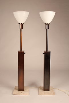 Pair of 1960s Oil Rubbed Bronze and Travertine Table Lamps by Nessen