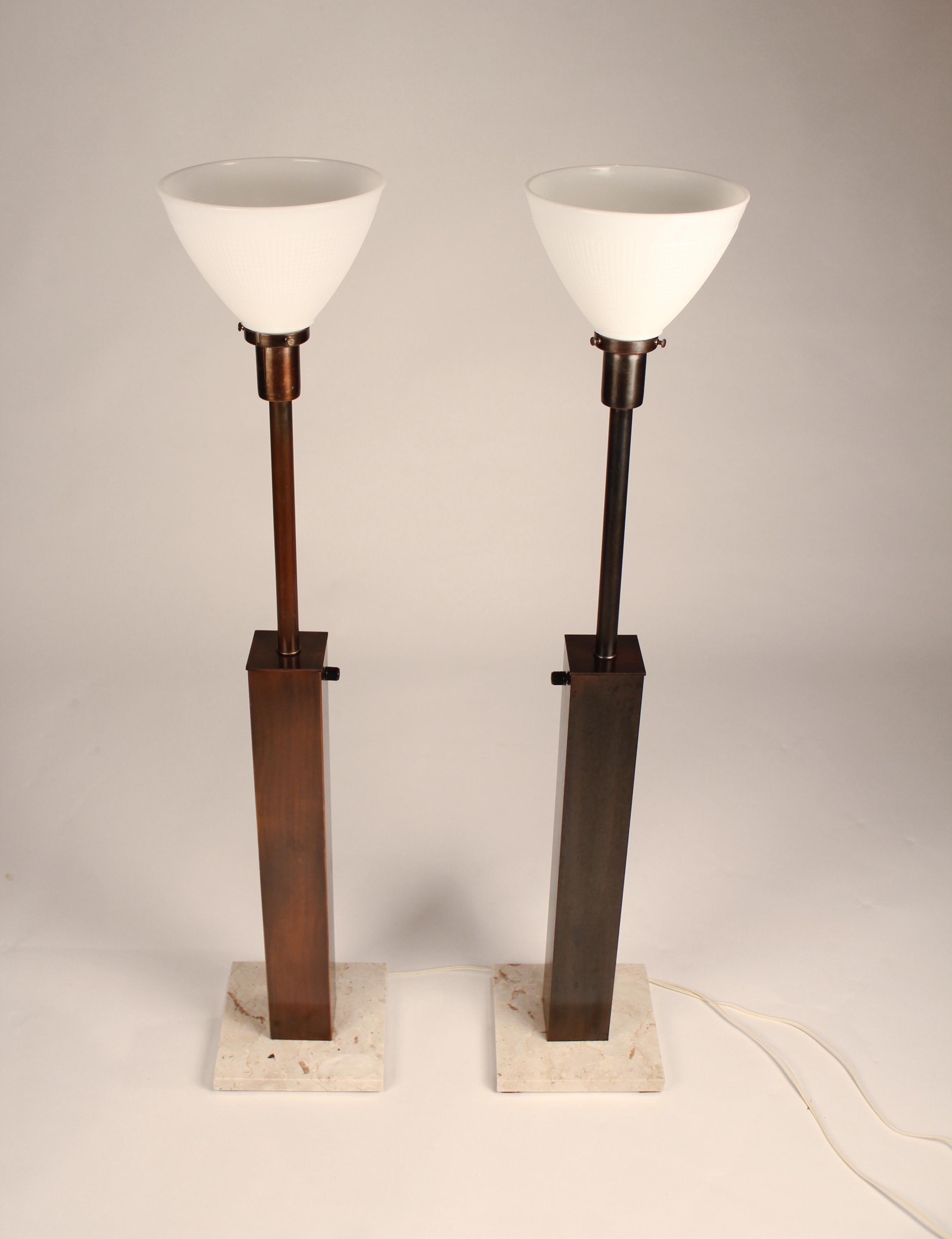 Mid-Century Modern Pair of 1960s Oil Rubbed Bronze and Travertine Table Lamps by Nessen