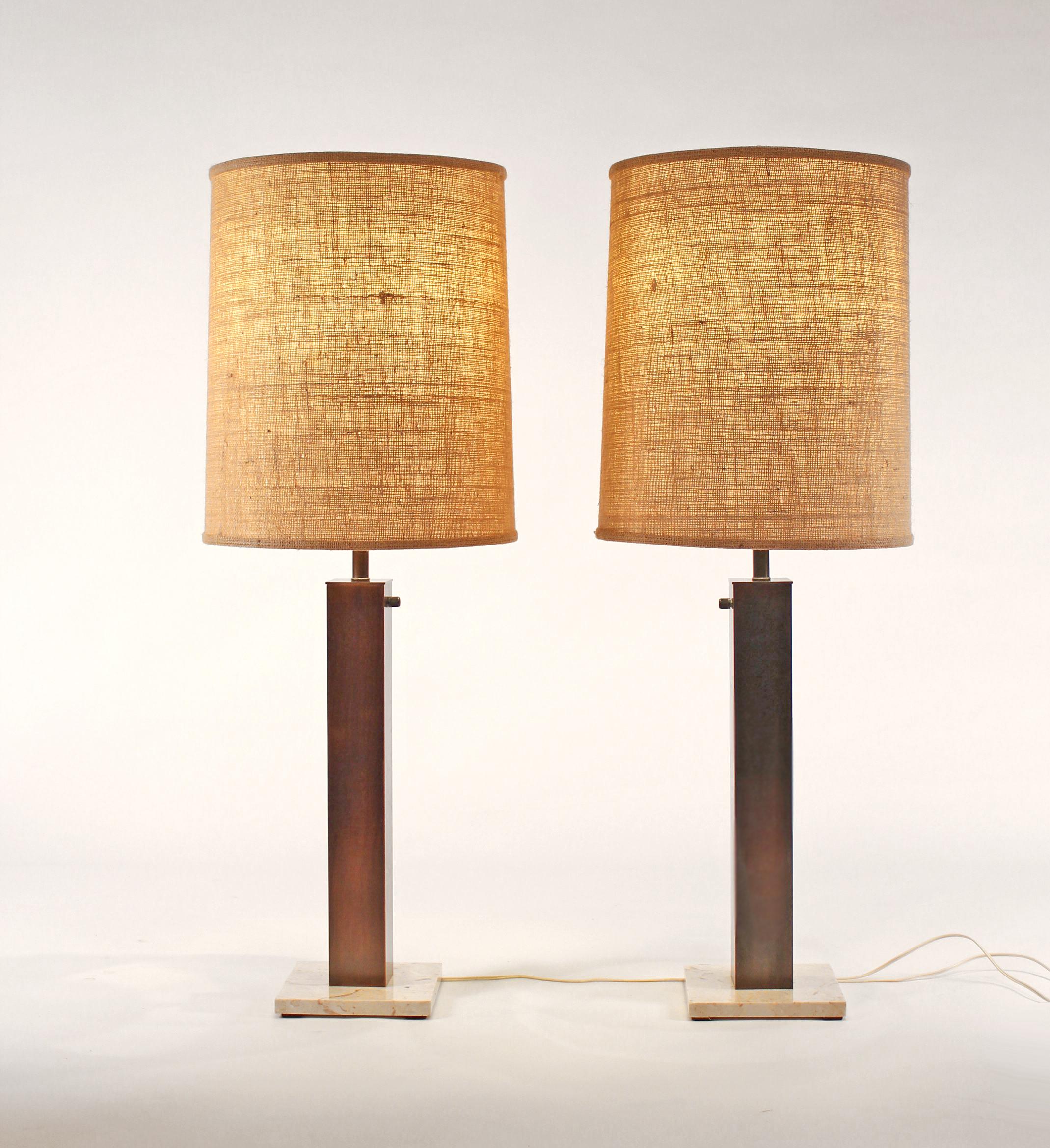 20th Century Pair of 1960s Oil Rubbed Bronze and Travertine Table Lamps by Nessen