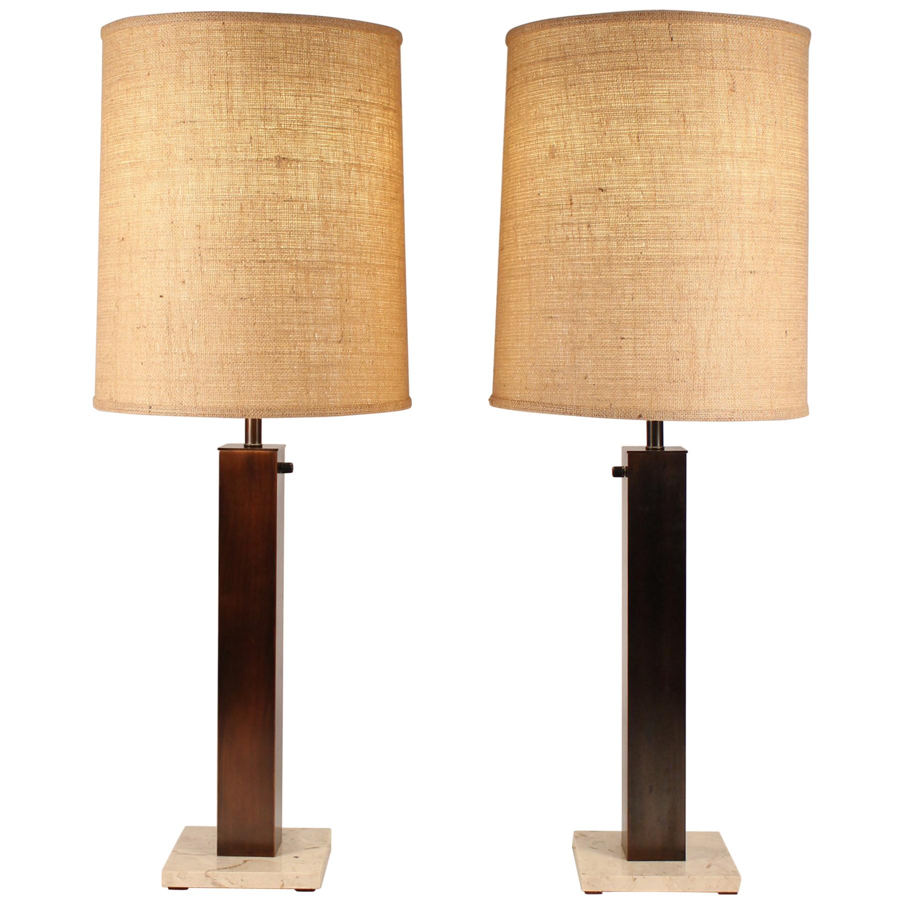 Pair of 1960s Oil Rubbed Bronze and Travertine Table Lamps by Nessen