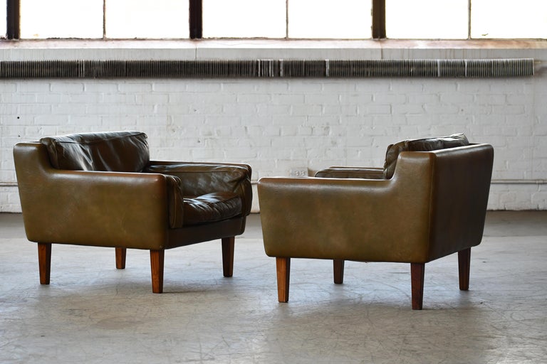 Pair of 1960's Olive Brown Leather Lounge Chairs with Ottoman by Illum Wikkelsø For Sale 4