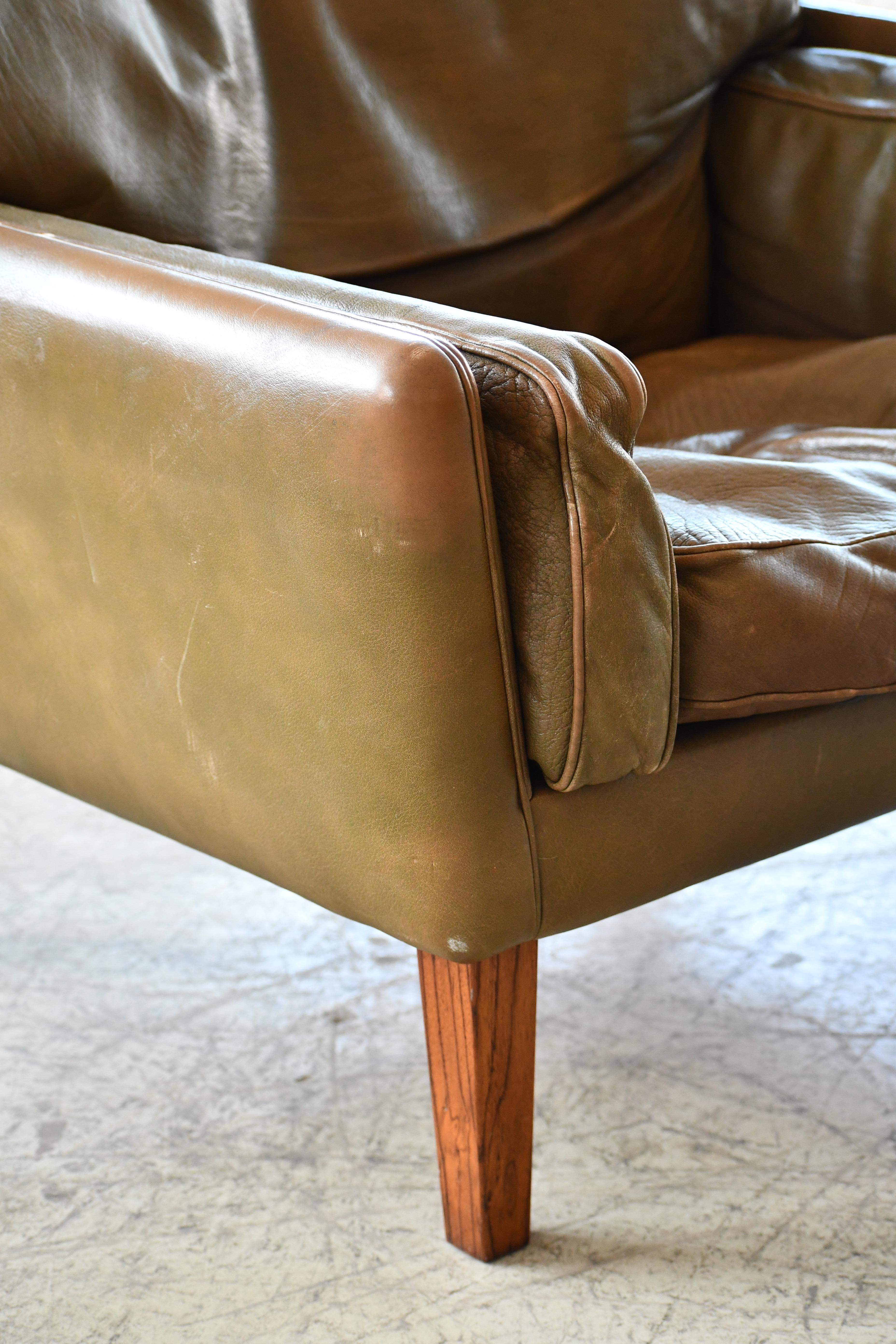 Pair of 1960's Olive Brown Leather Lounge Chairs with Ottoman by Illum Wikkelsø 10