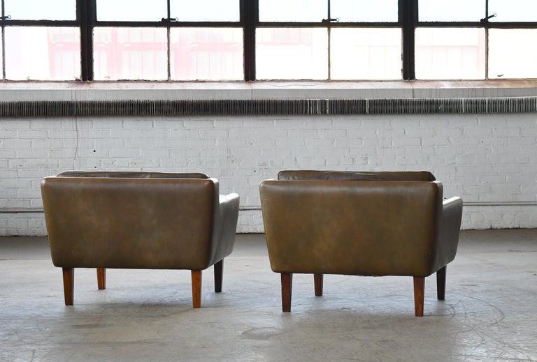 Pair of 1960's Olive Brown Leather Lounge Chairs with Ottoman by Illum Wikkelsø For Sale 12