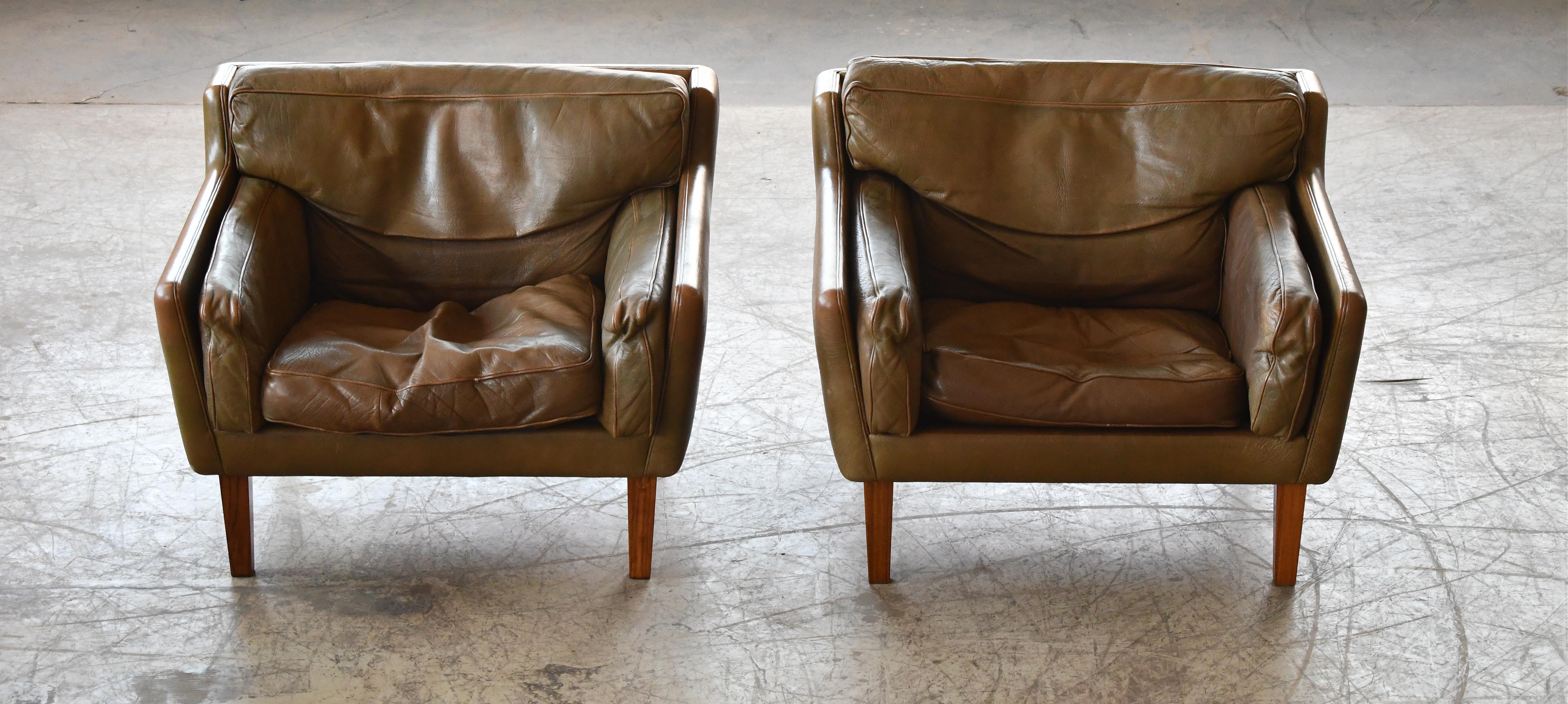 Mid-Century Modern Pair of 1960's Olive Brown Leather Lounge Chairs with Ottoman by Illum Wikkelsø