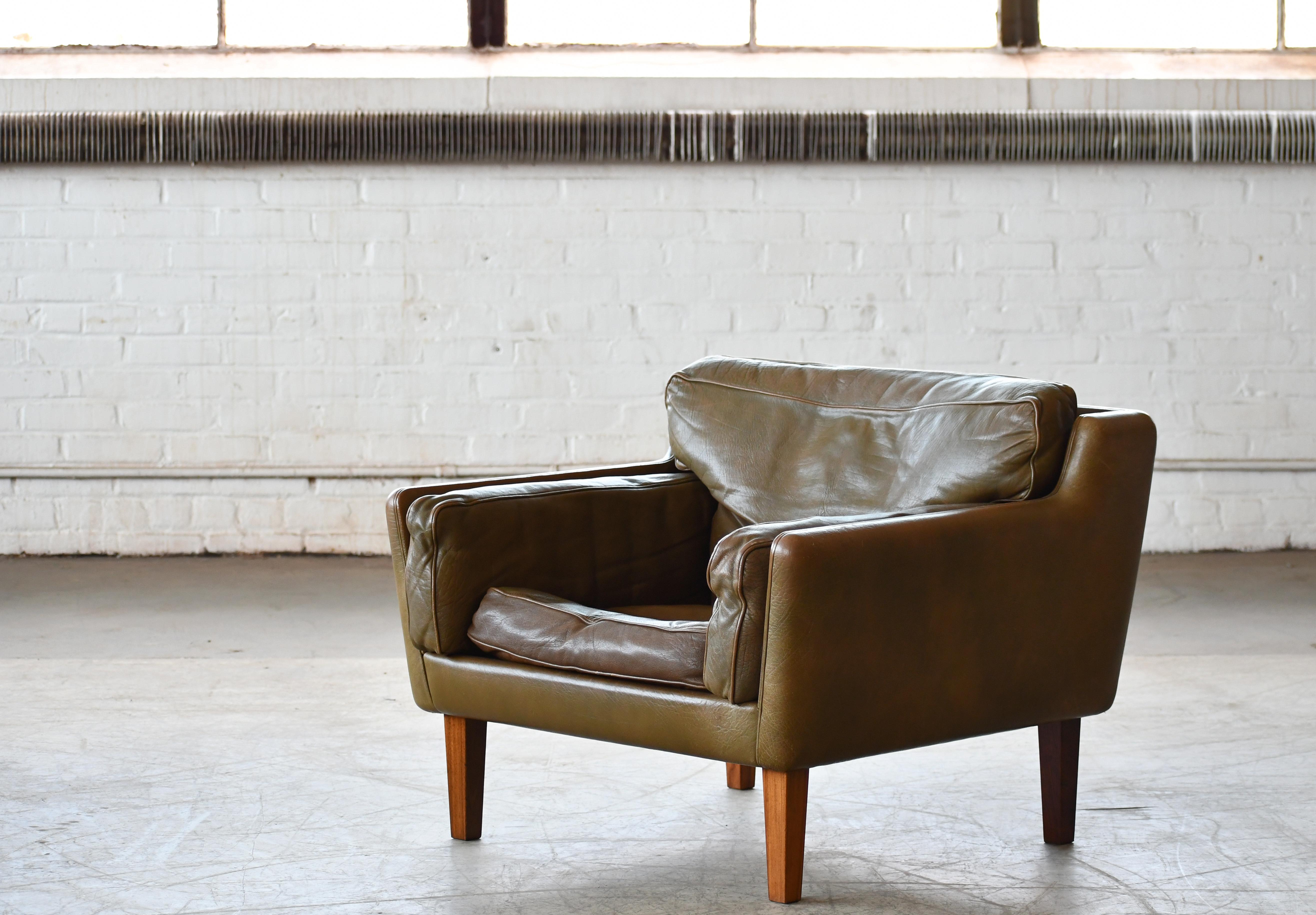 Mid-20th Century Pair of 1960's Olive Brown Leather Lounge Chairs with Ottoman by Illum Wikkelsø