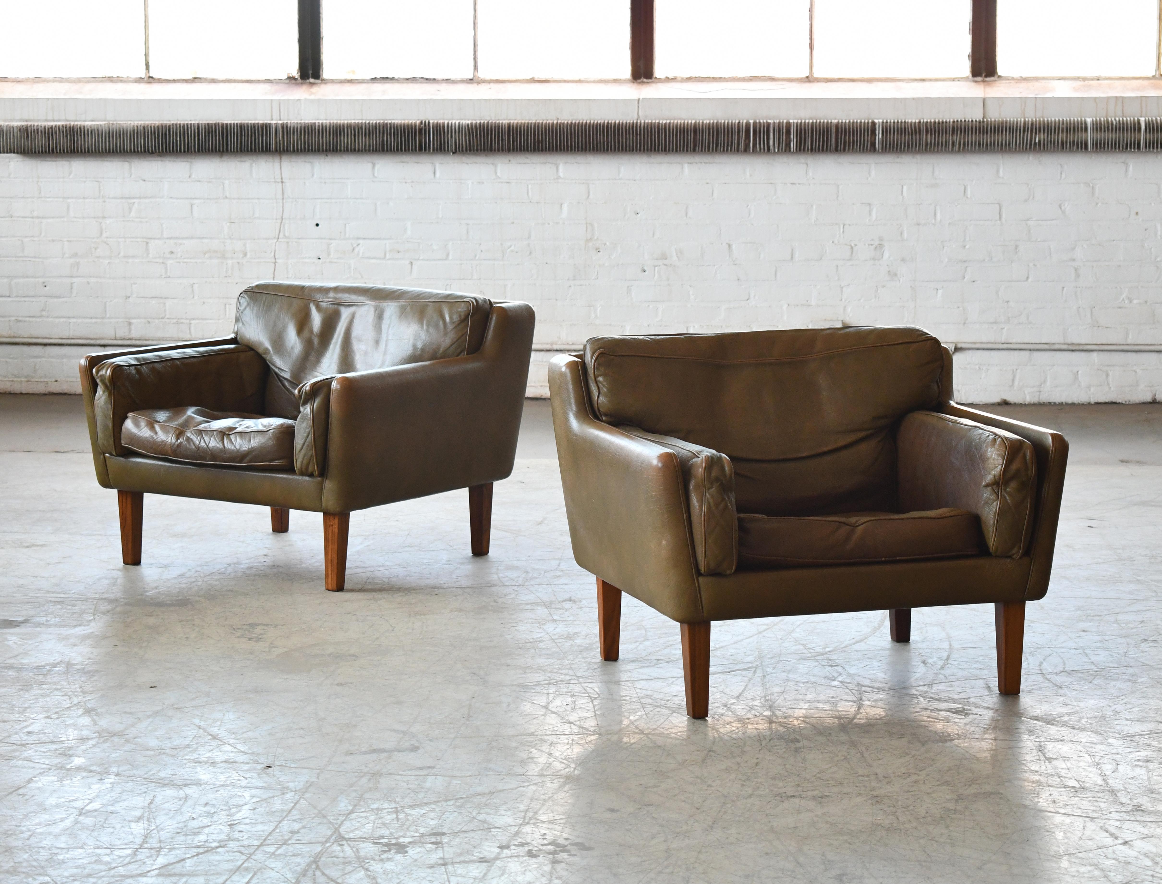 Pair of 1960's Olive Brown Leather Lounge Chairs with Ottoman by Illum Wikkelsø 1