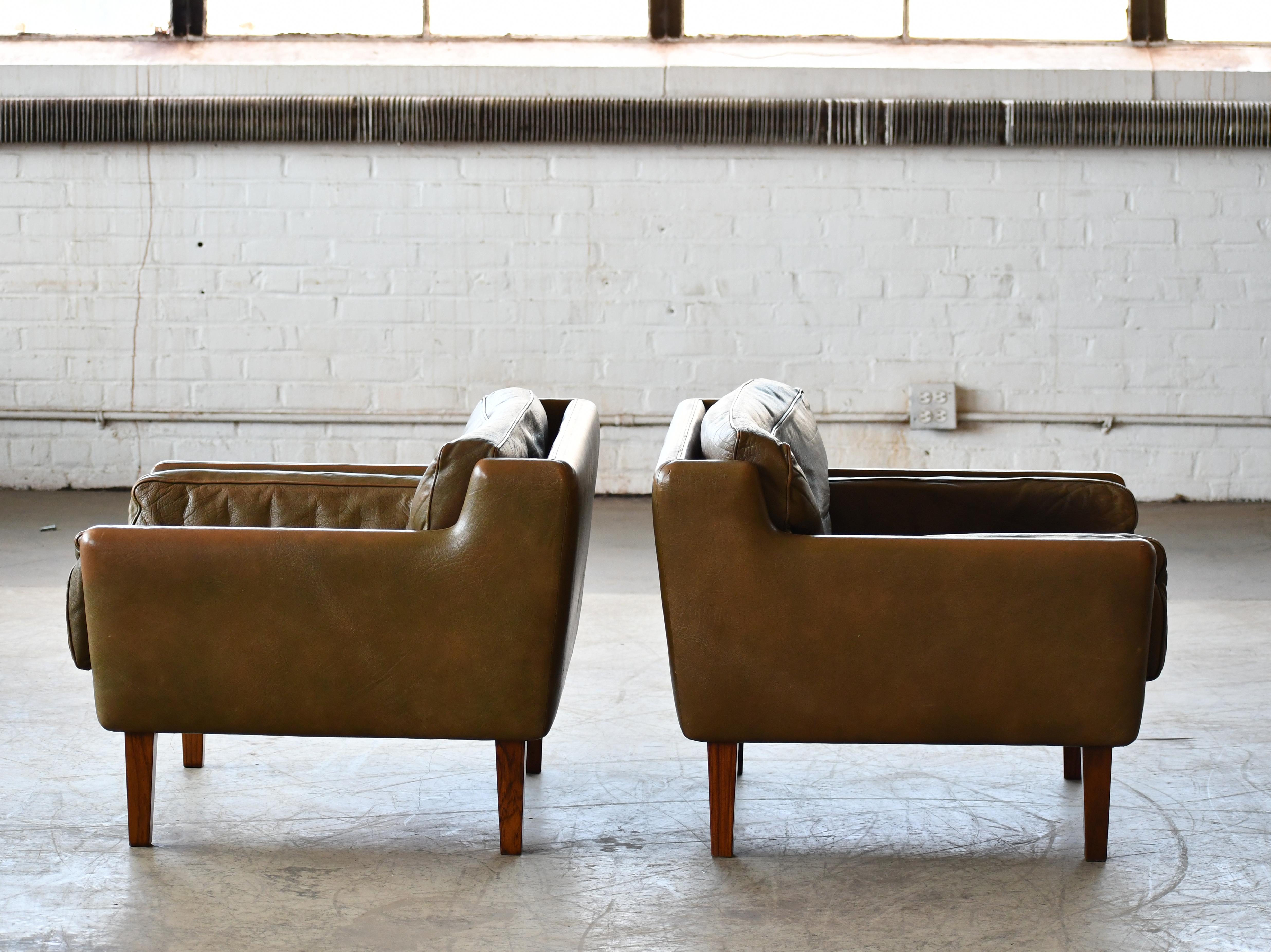Pair of 1960's Olive Brown Leather Lounge Chairs with Ottoman by Illum Wikkelsø 2