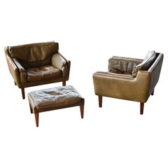 Pair of 1960's Olive Brown Leather Lounge Chairs with Ottoman by Illum Wikkelsø