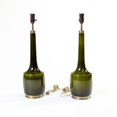 Svend Åge Holm Sørensen Table Lamps Pair In Olive Green Glass