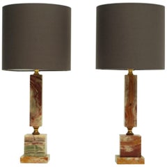 Pair of 1960s Onyx and Brass Italian Table Lamps