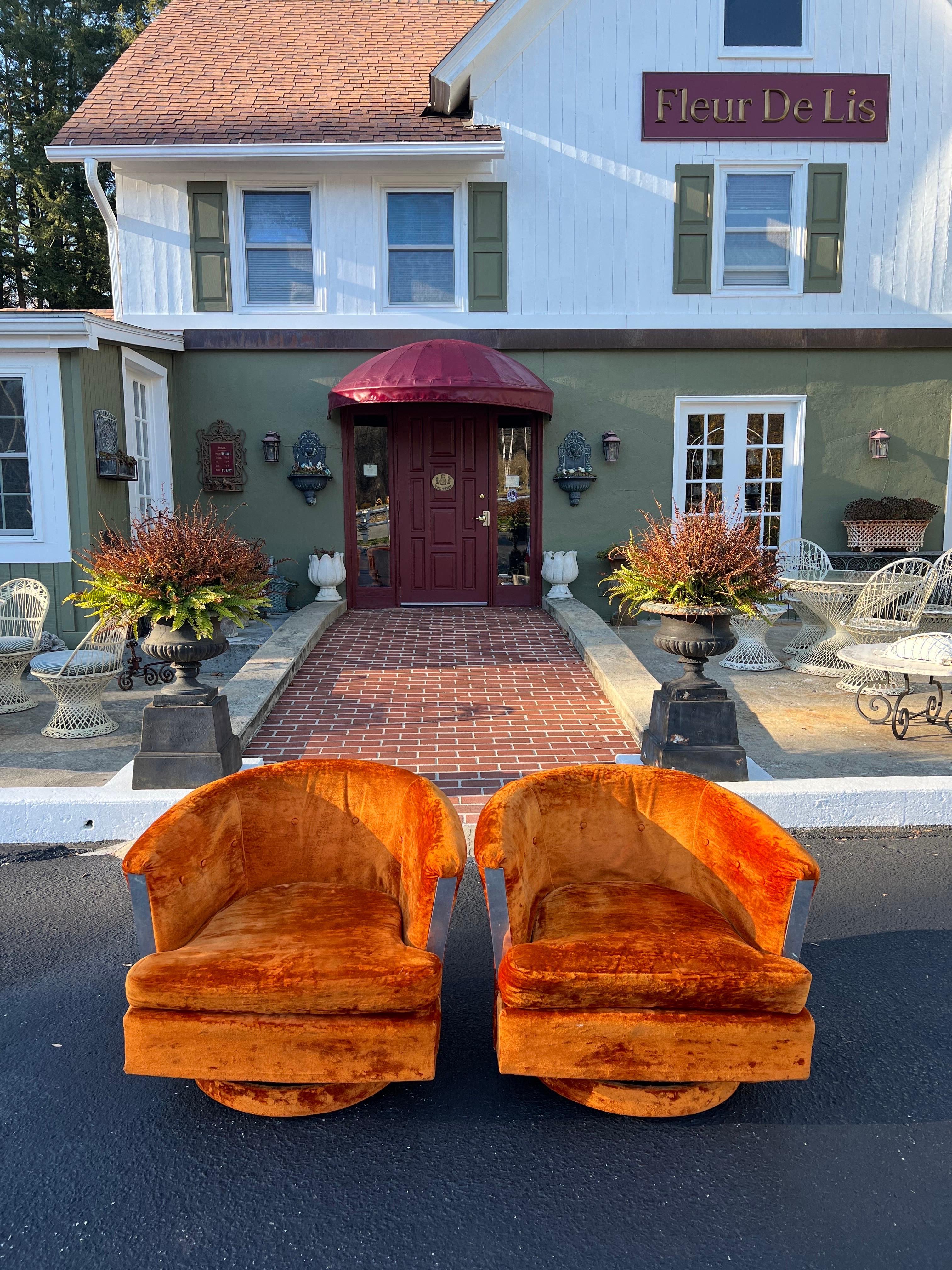 Pair of 1960’s Orange Crushed Velvet Swivel Chairs 6