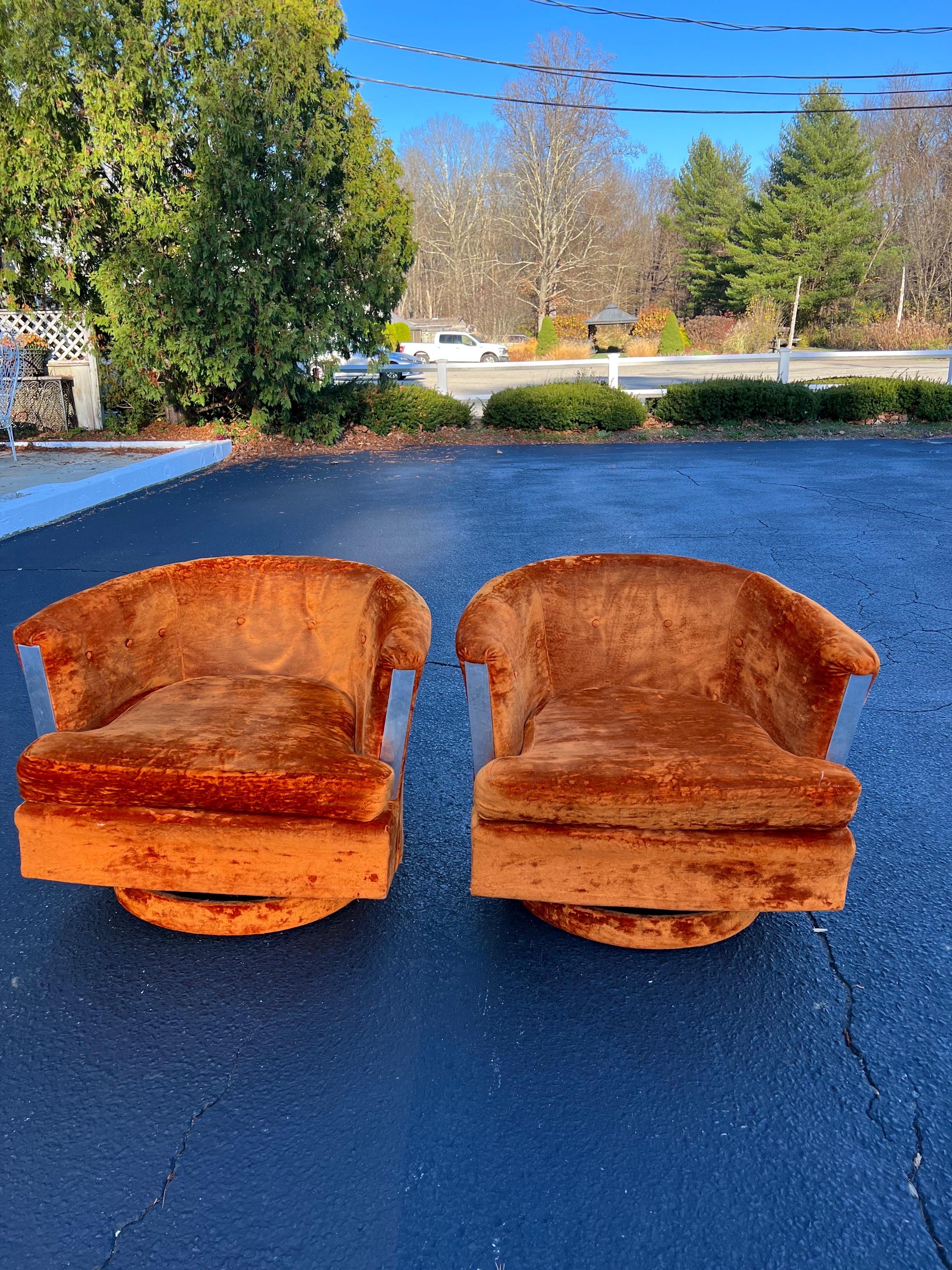 Pair of 1960’s Orange Crushed Velvet Swivel Chairs In Fair Condition In Redding, CT