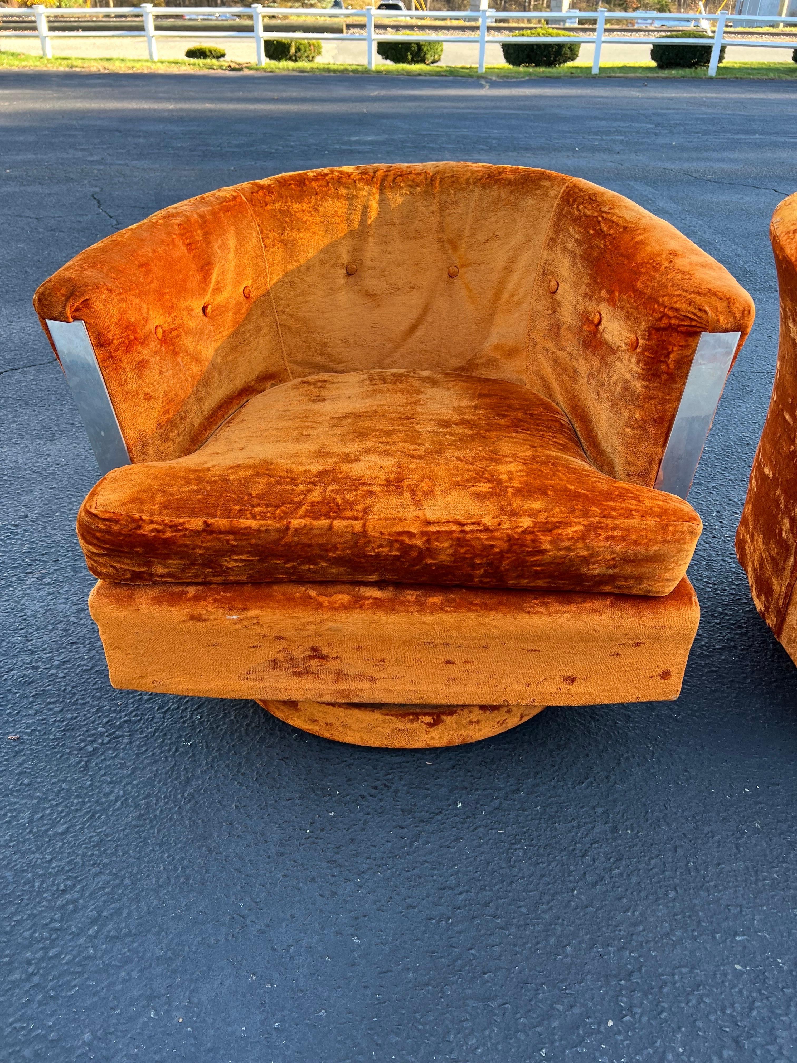 Pair of 1960’s Orange Crushed Velvet Swivel Chairs 1