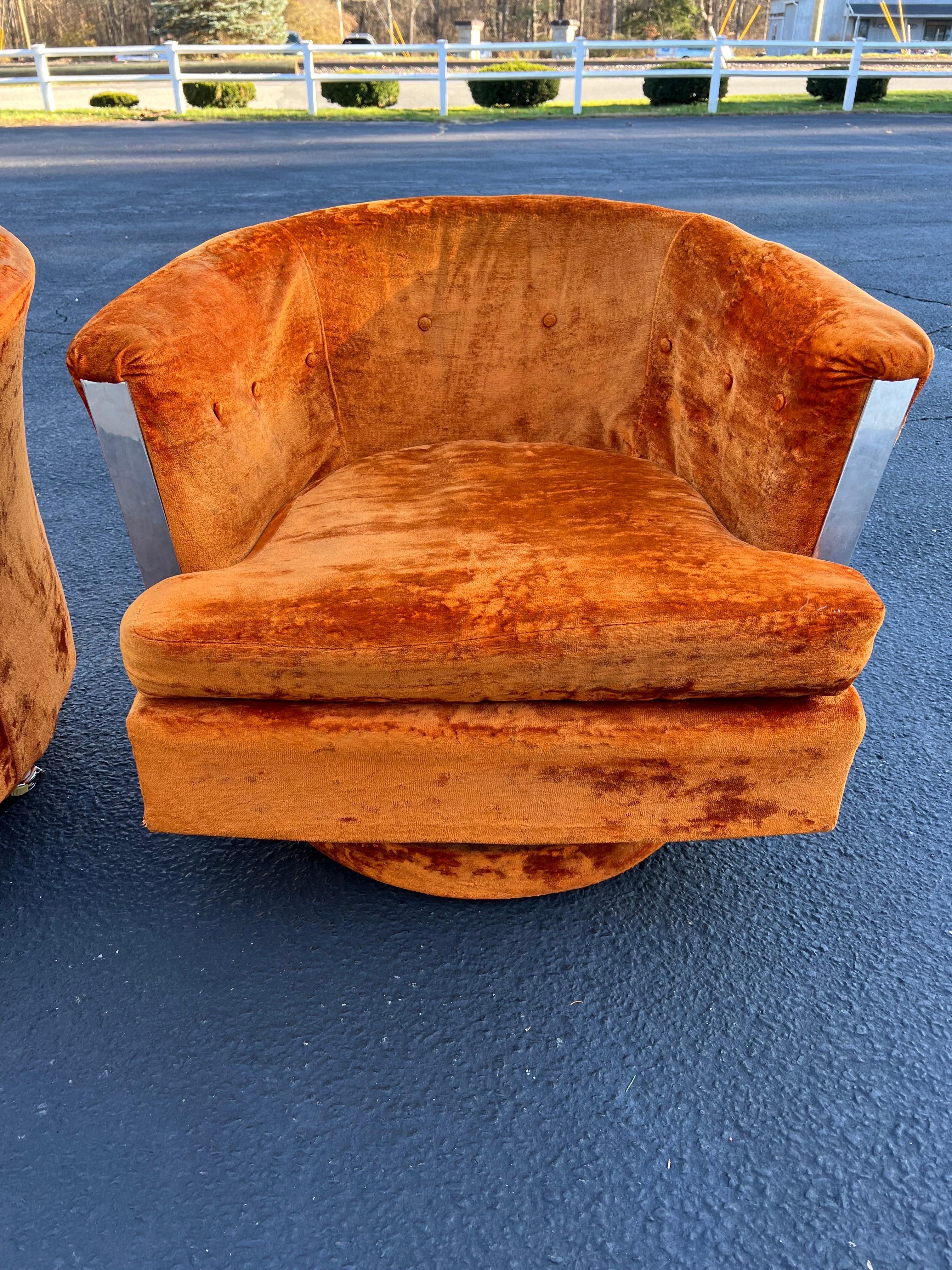 Pair of 1960’s Orange Crushed Velvet Swivel Chairs 2