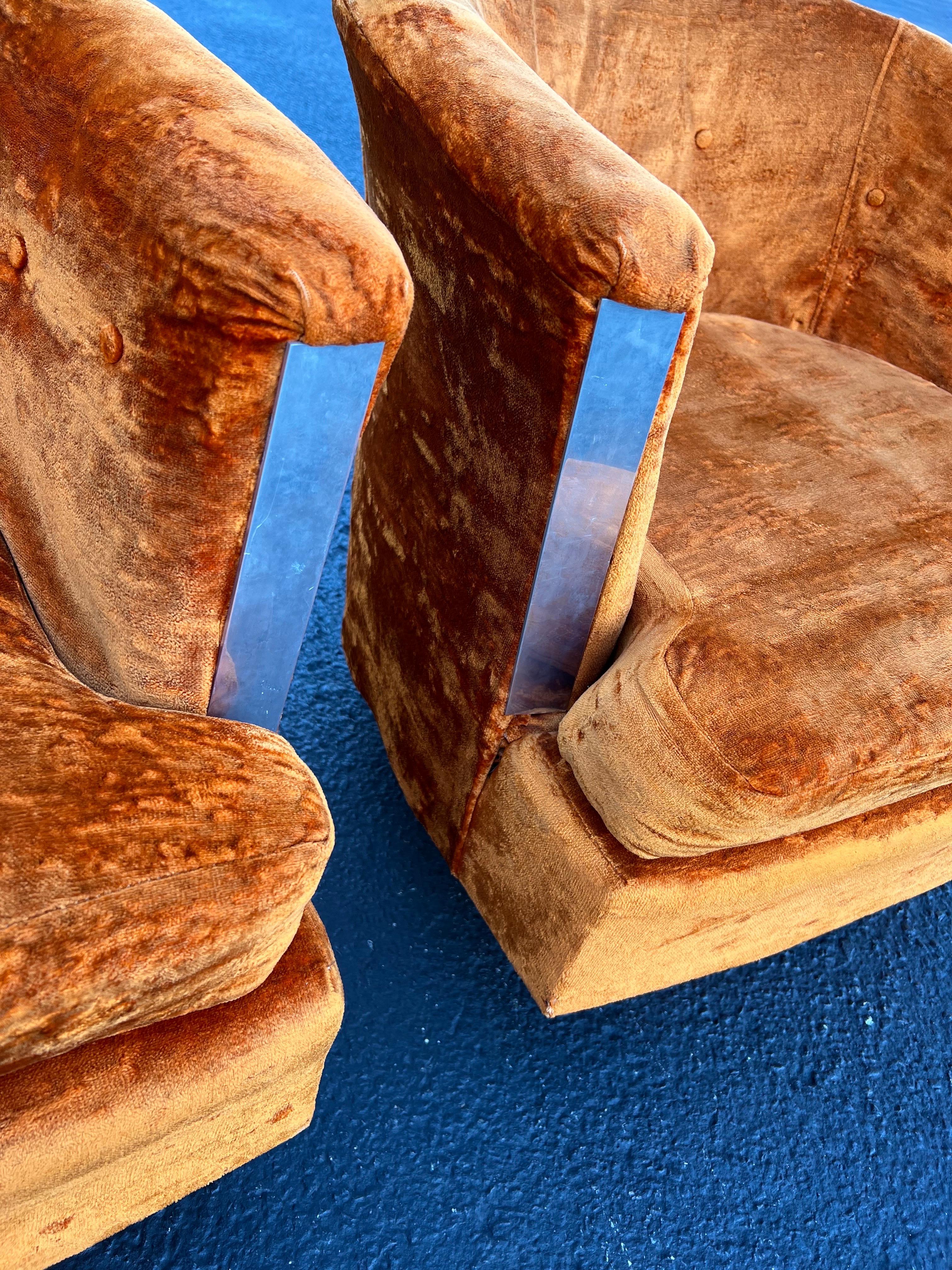 Pair of 1960’s Orange Crushed Velvet Swivel Chairs 3